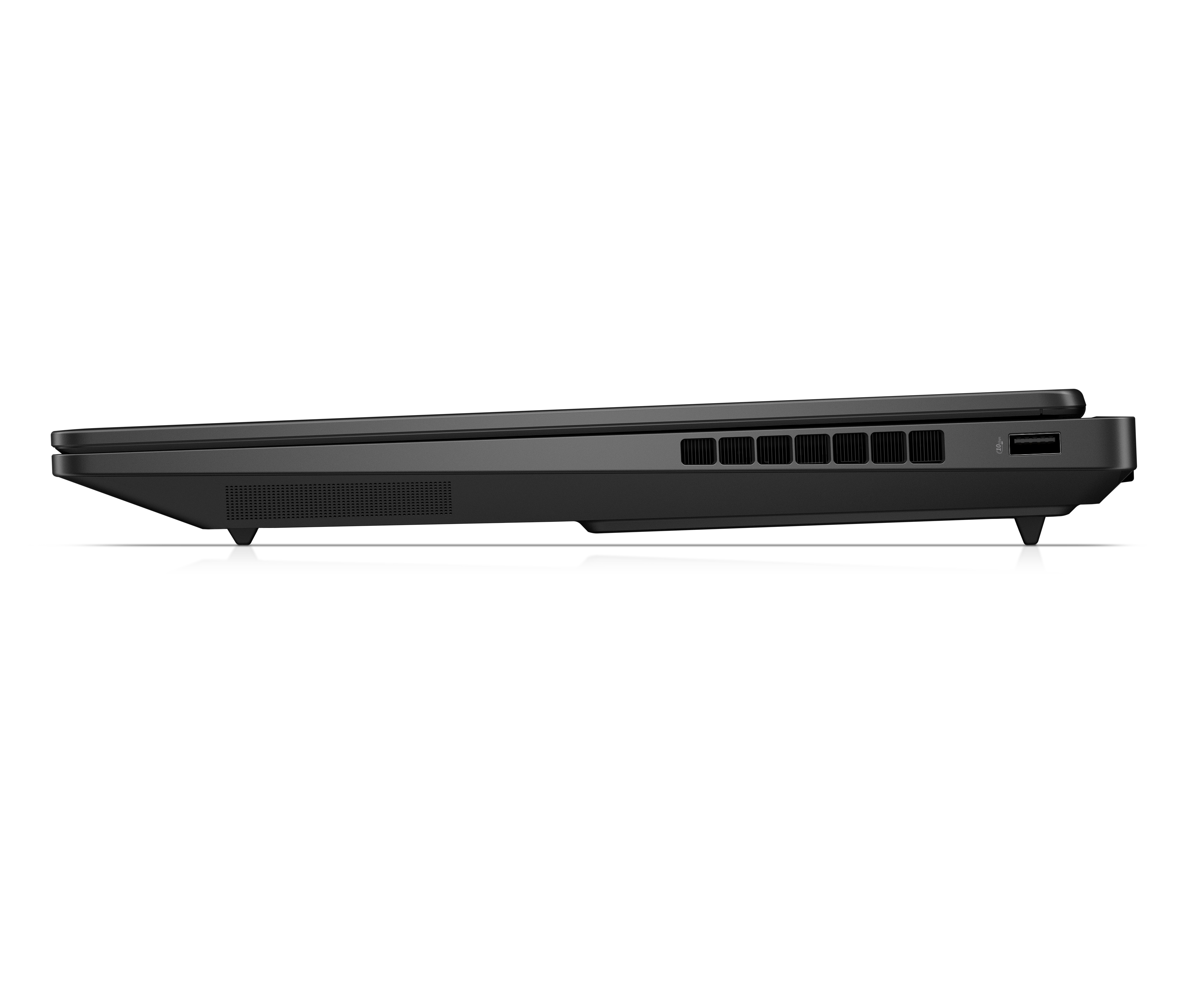 Seitliche Ansicht eines dunklen Laptops mit Lüftungsschlitzen und USB-Anschluss.