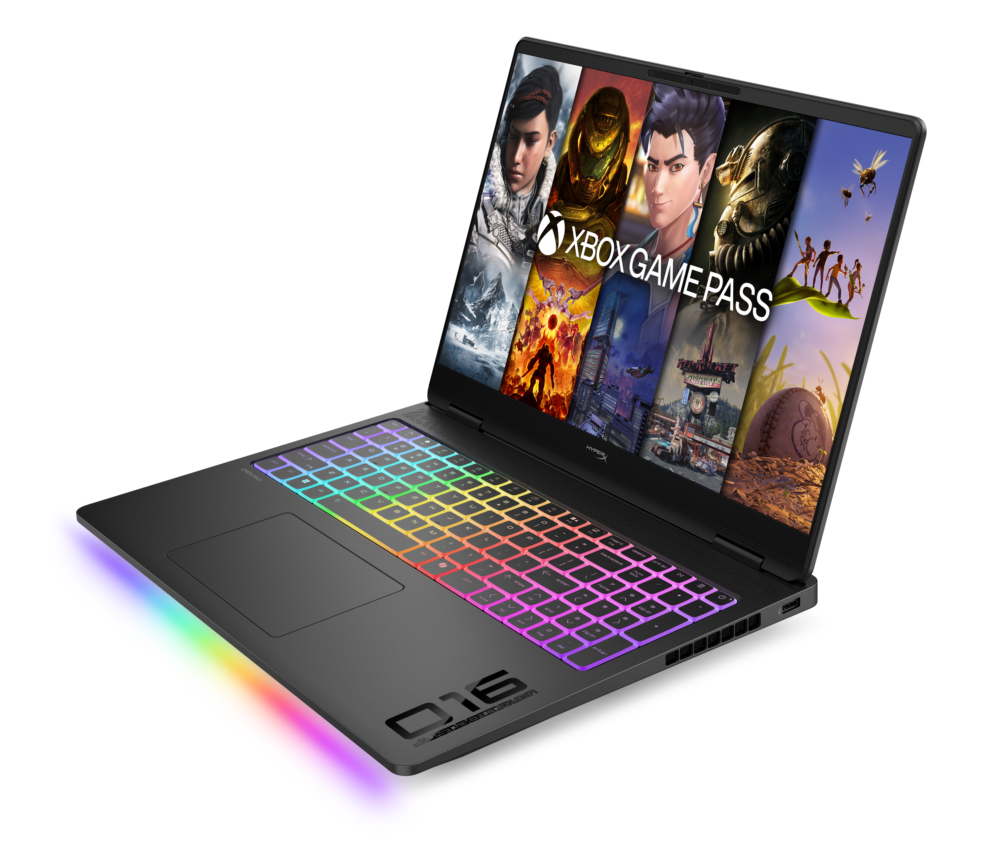Ein schwarzer Laptop mit beleuchteter Tastatur und Xbox Game Pass-Logos.