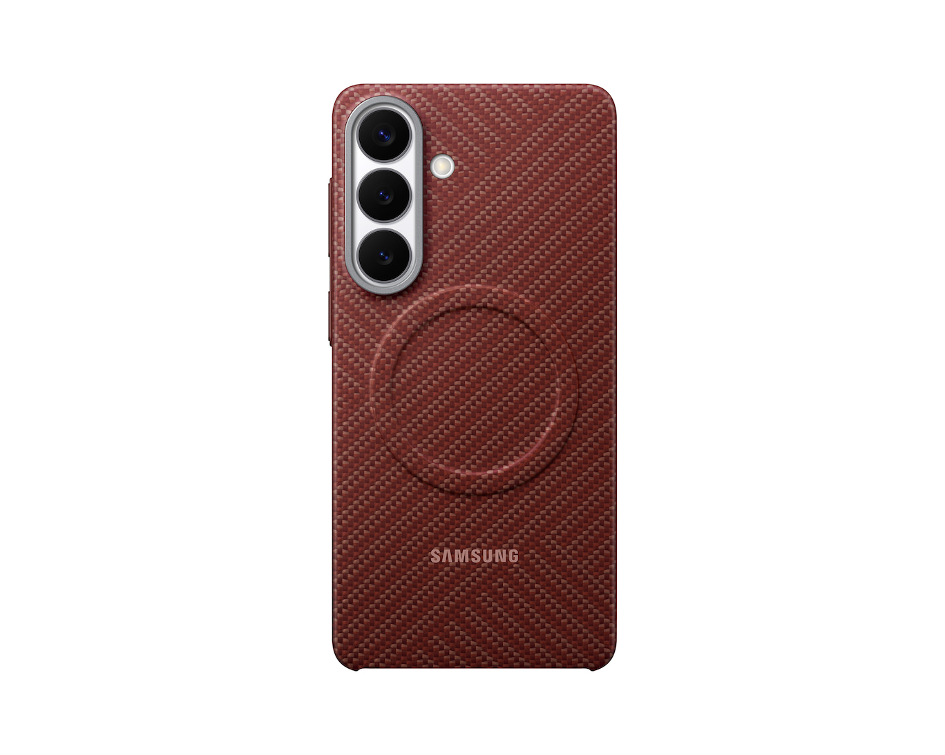 Rote Handyhülle mit Karbonfasermuster, Kamera und Samsung-Logo.