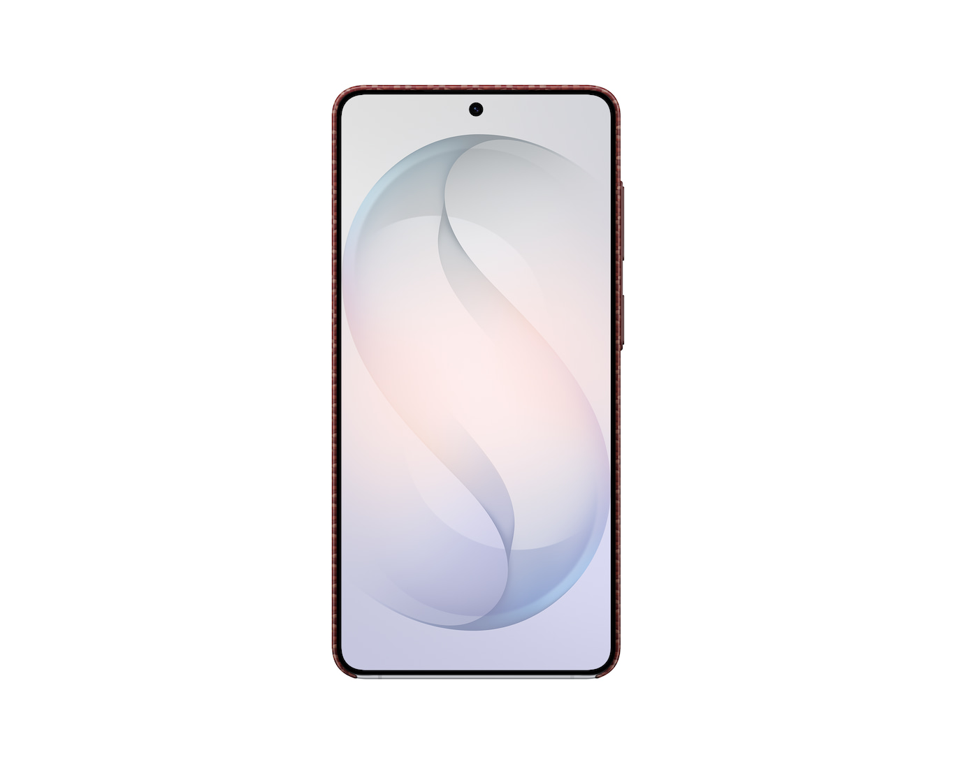 Ein dunkelrotes Smartphone mit einem abstrakten Hintergrund auf dem Bildschirm.