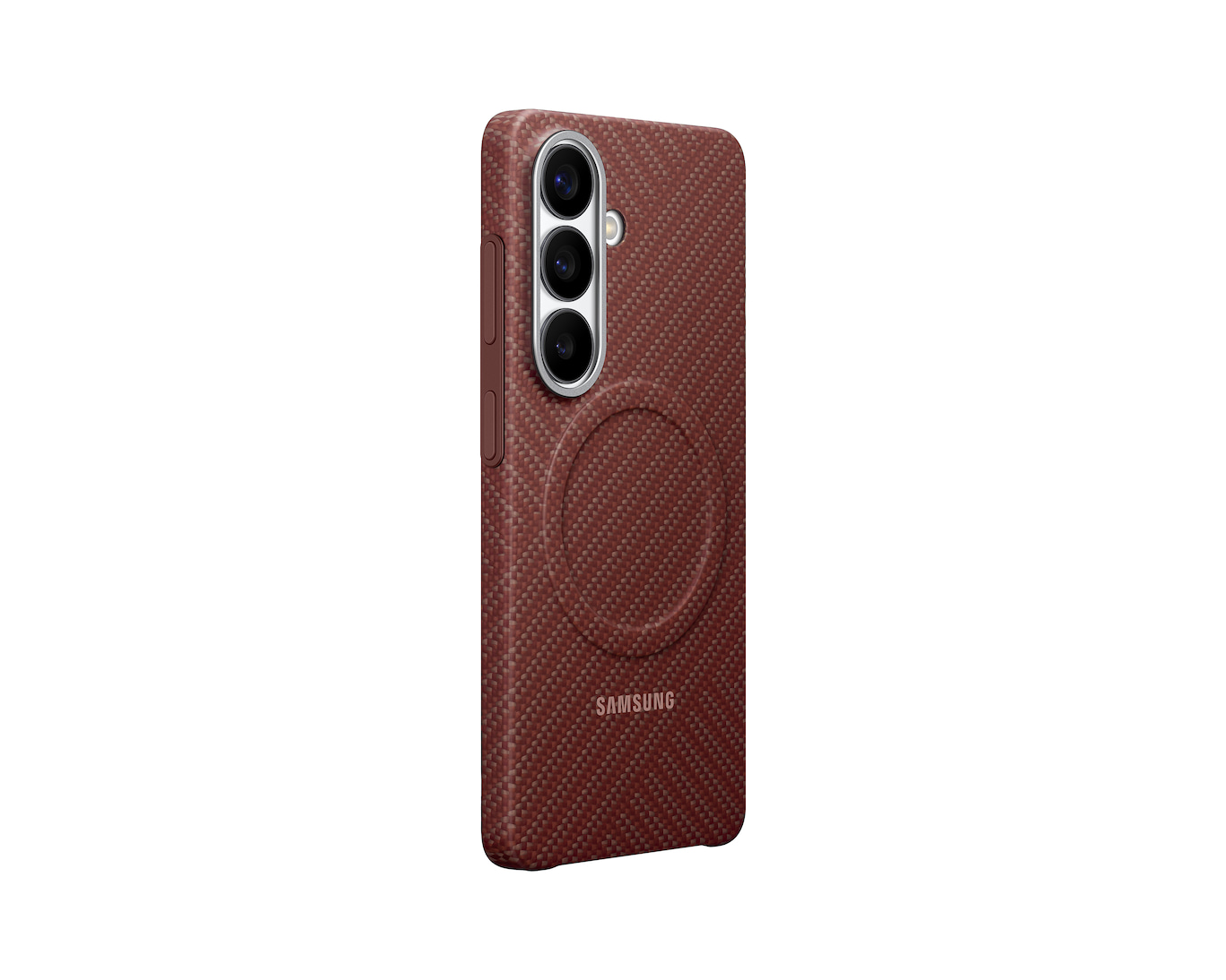 Eine braune Samsung Handyhülle mit Carbonfaserstruktur und Kameraaussparung.