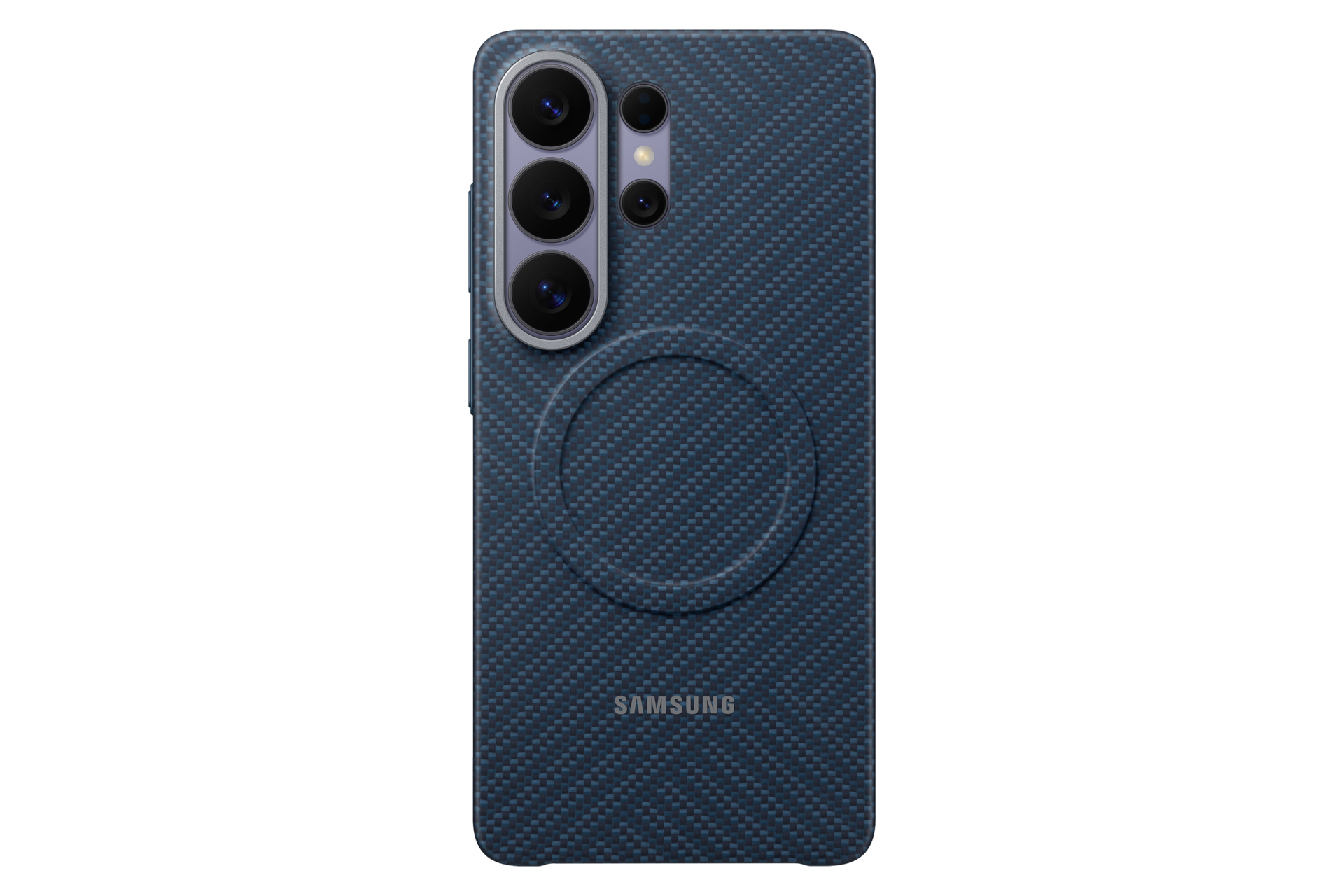 Granatowe etui na telefon z wzorem karbonowym, aparatem i logo Samsung.