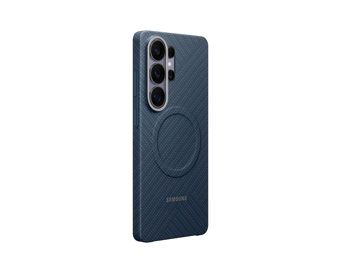 Ciemnoniebieski telefon z trzema aparatami, kółkiem i logo Samsung.