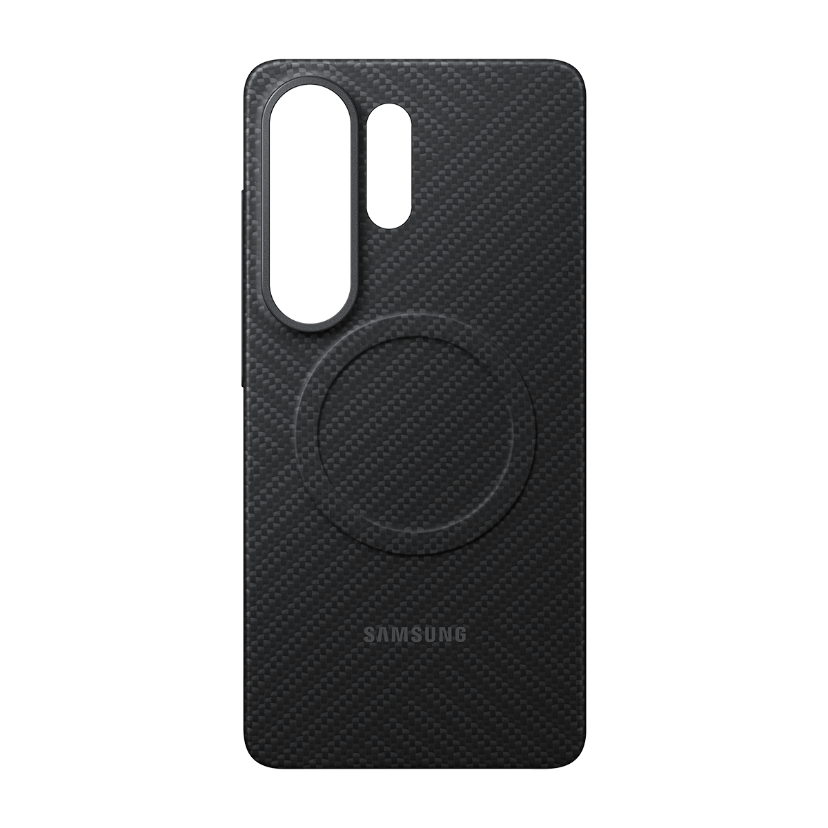 Schwarzes Handy-Case mit Carbon-Muster, Kameralinsen und Ladekreis.