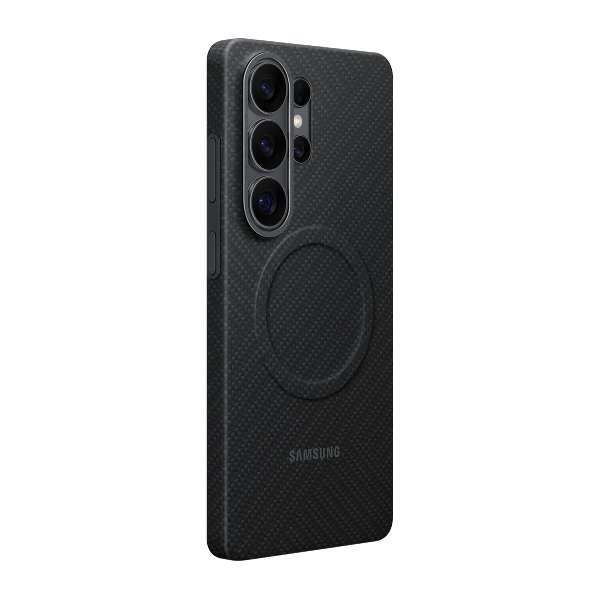 Schwarzes Samsung Handy mit vier Kameras und Kreis-Muster.