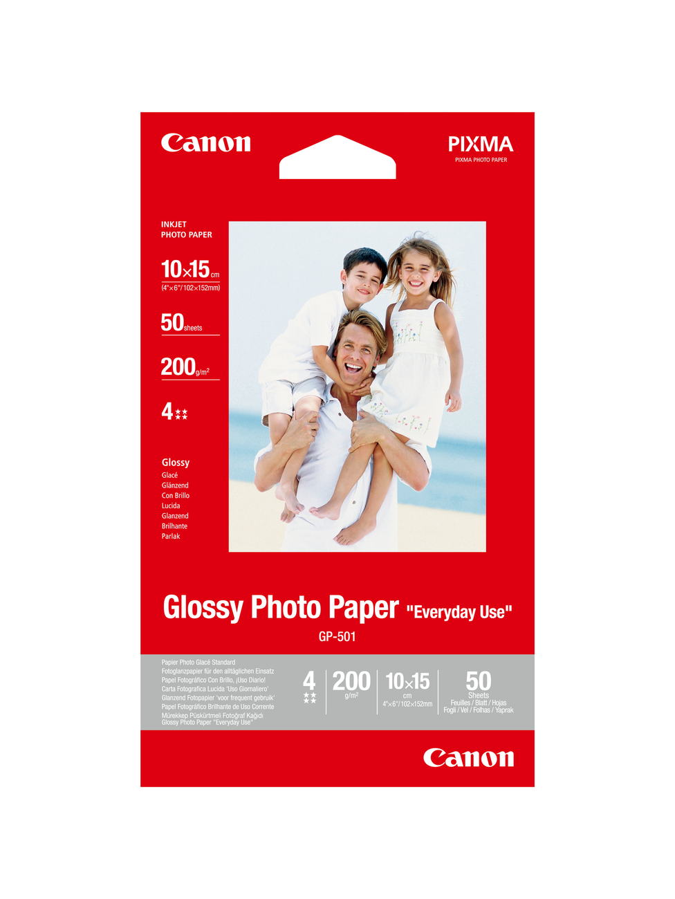 Canon Pixma Fotopapier: Vater trägt zwei Kinder auf den Schultern am Strand.