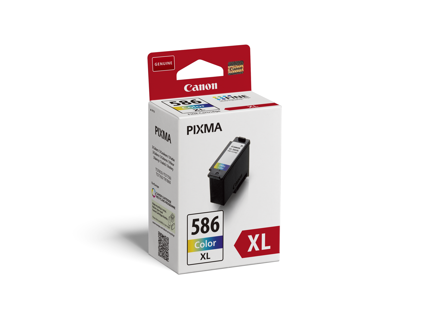 Canon Pixma 586 XL Farbtintenpatrone in Originalverpackung, mit Nahaufnahme der Patrone.