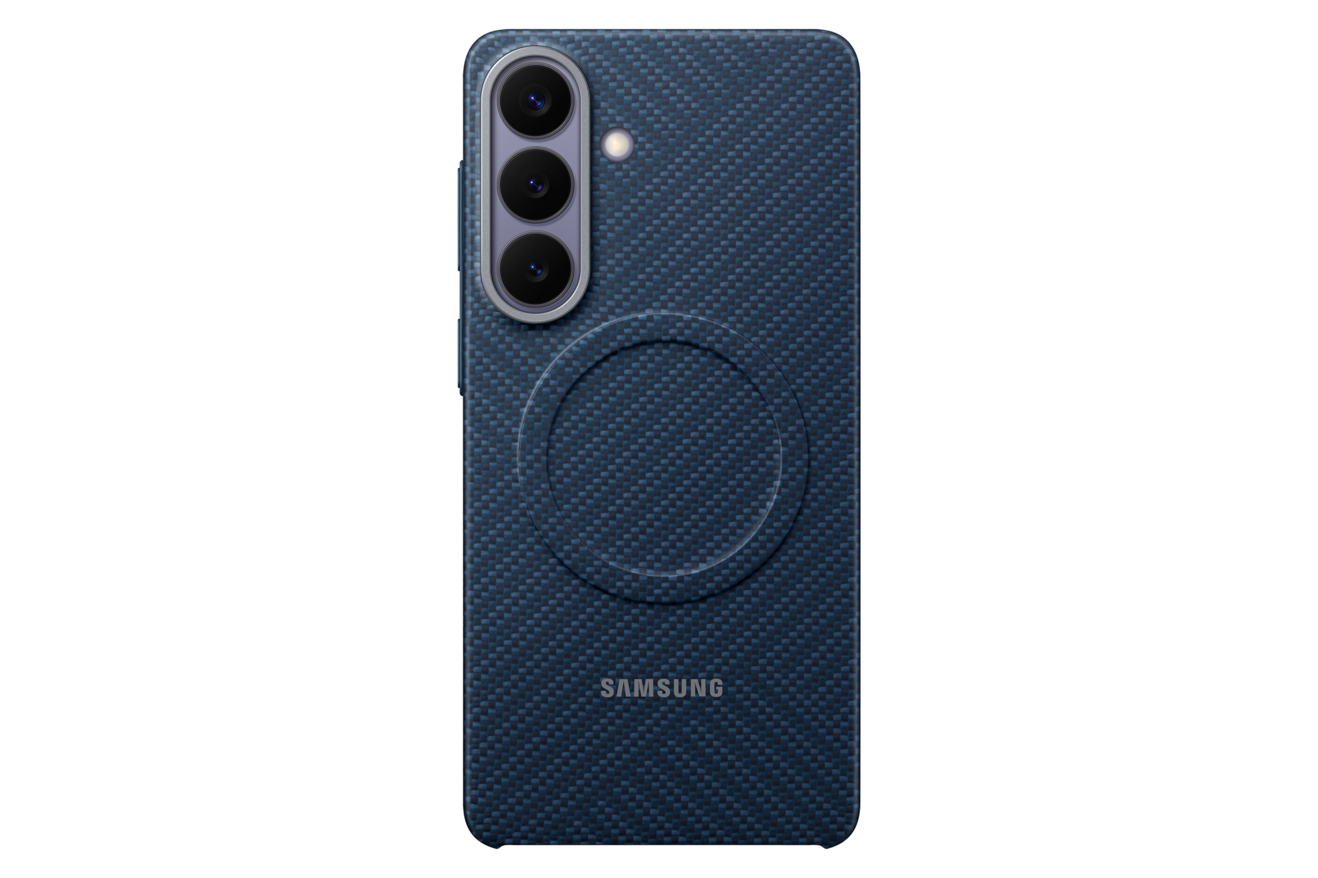 Ciemnoniebieskie etui na telefon z aparatami i logo Samsung. Tekstura siatki.