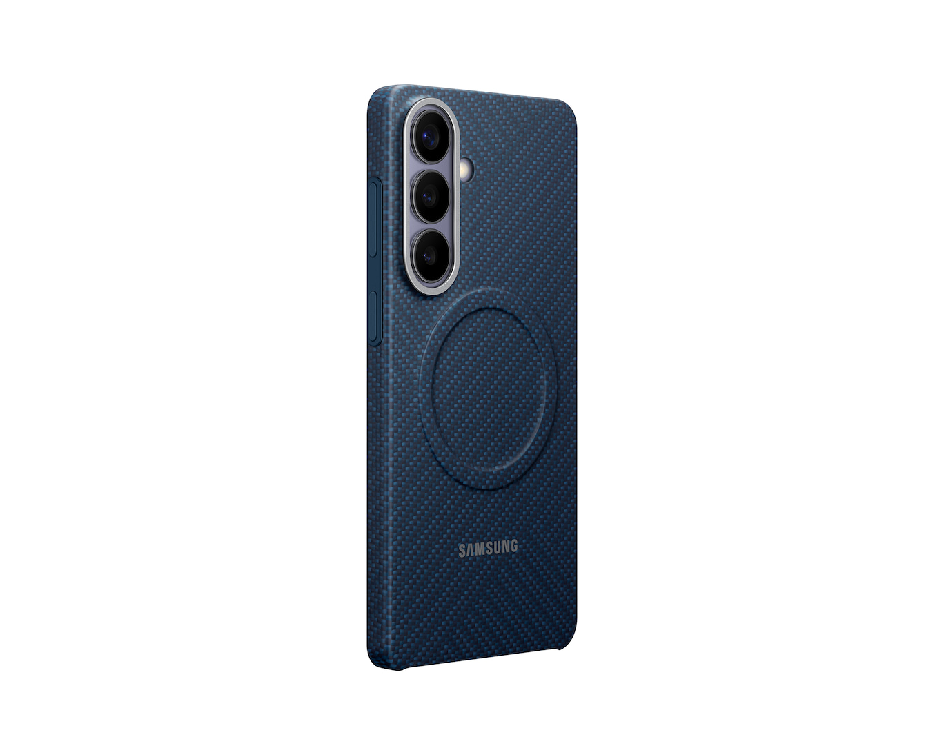 Granatowe etui na telefon z aparatami i logo Samsung.