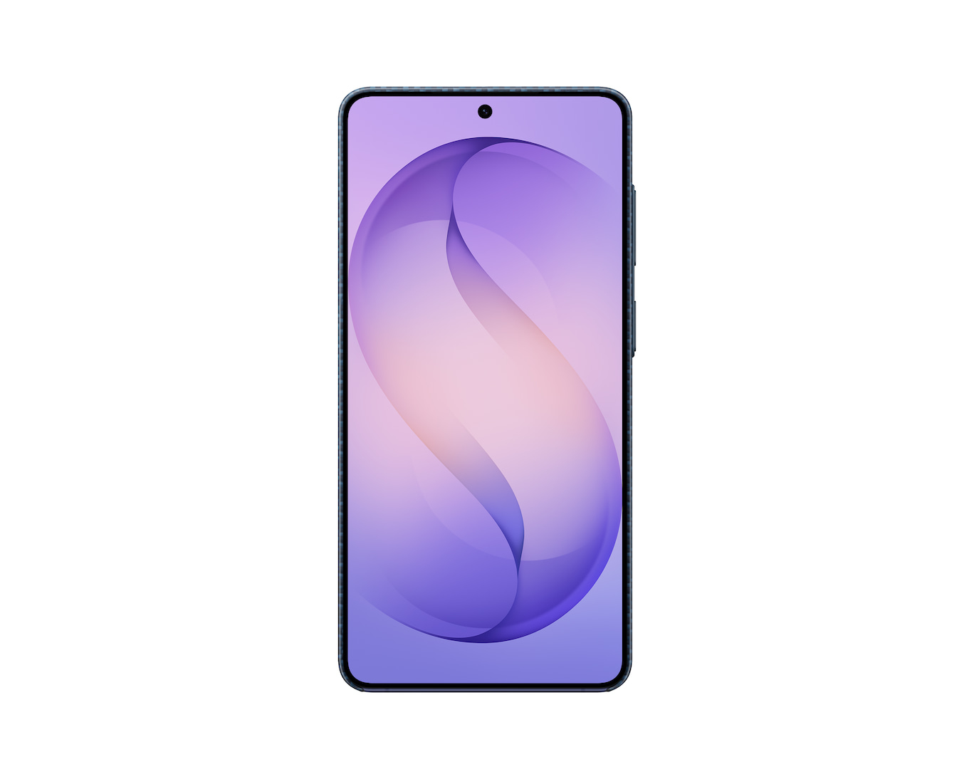 Ciemnoniebieski smartfon z abstrakcyjną tapetą w kolorach fioletowym i różowym.