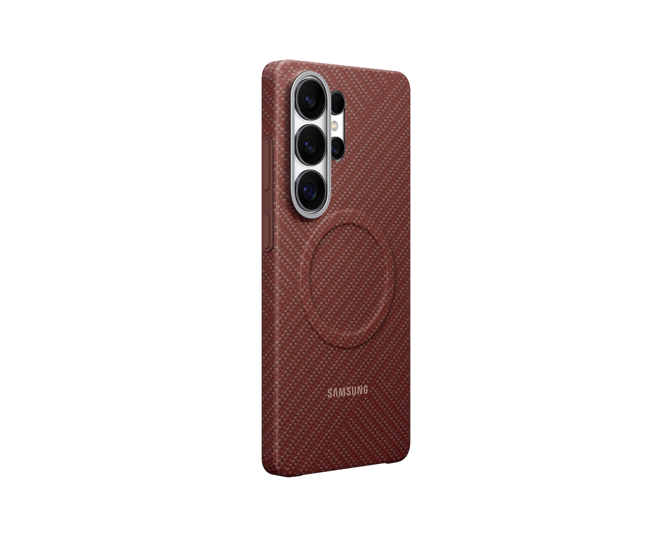 Braune Handyhülle mit Kameramodul und Samsung-Logo auf weißem Hintergrund.