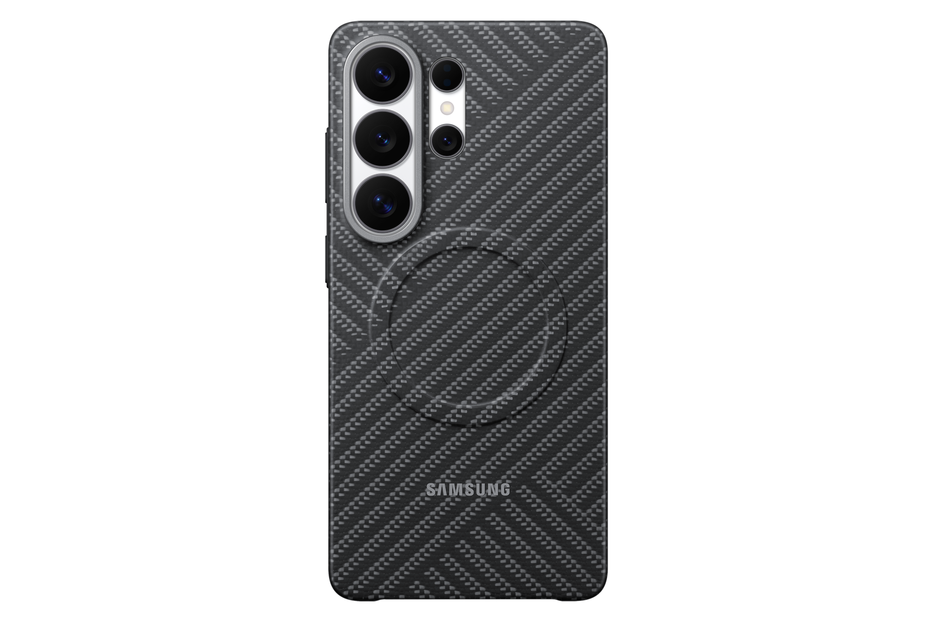 Czarna obudowa telefonu z wzorem włókna węglowego, aparatami i logo Samsung.