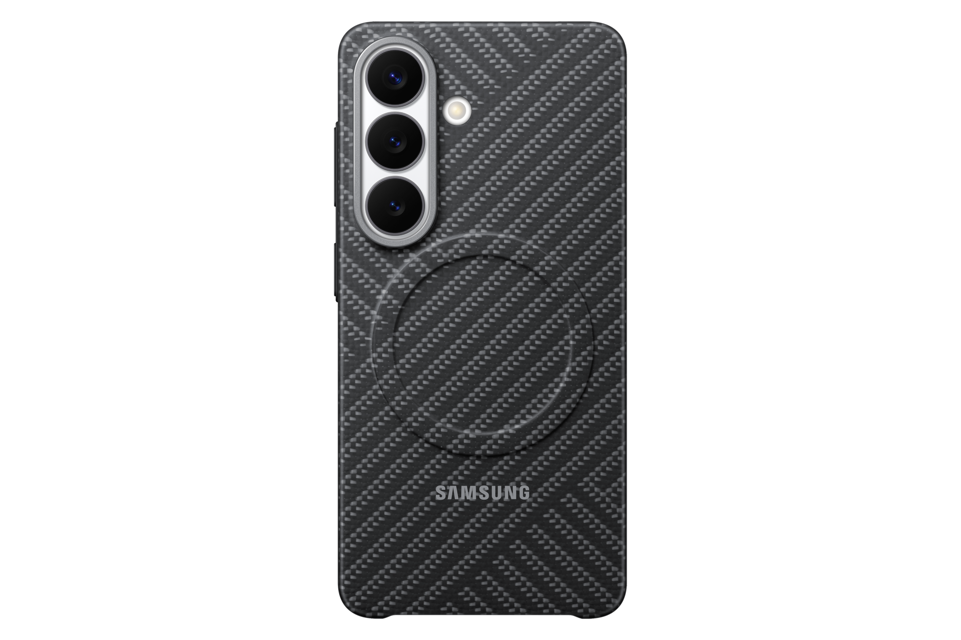Czarne etui na telefon z wzorem karbonowym, aparatem i logo Samsung.