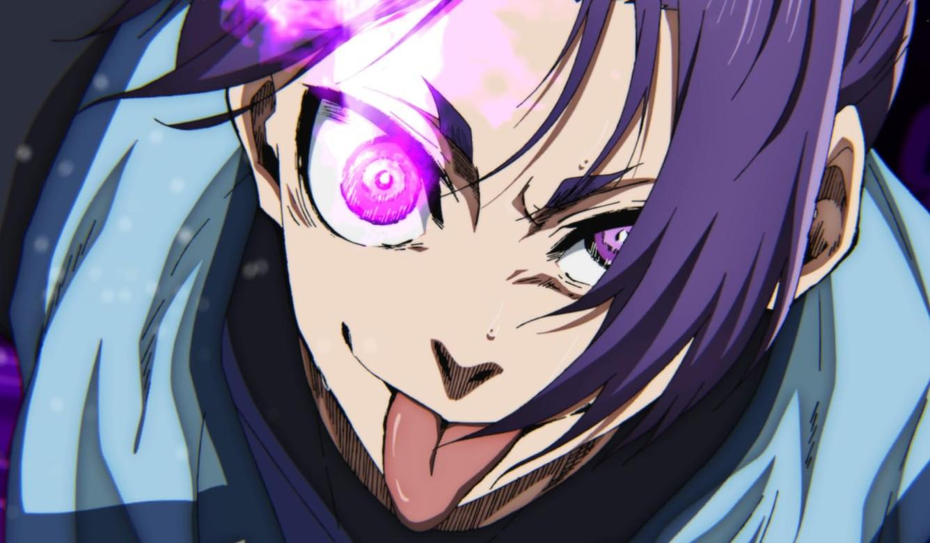Anime-Figur mit violetten Haaren und einem Auge, das von violetter Energie umgeben ist.