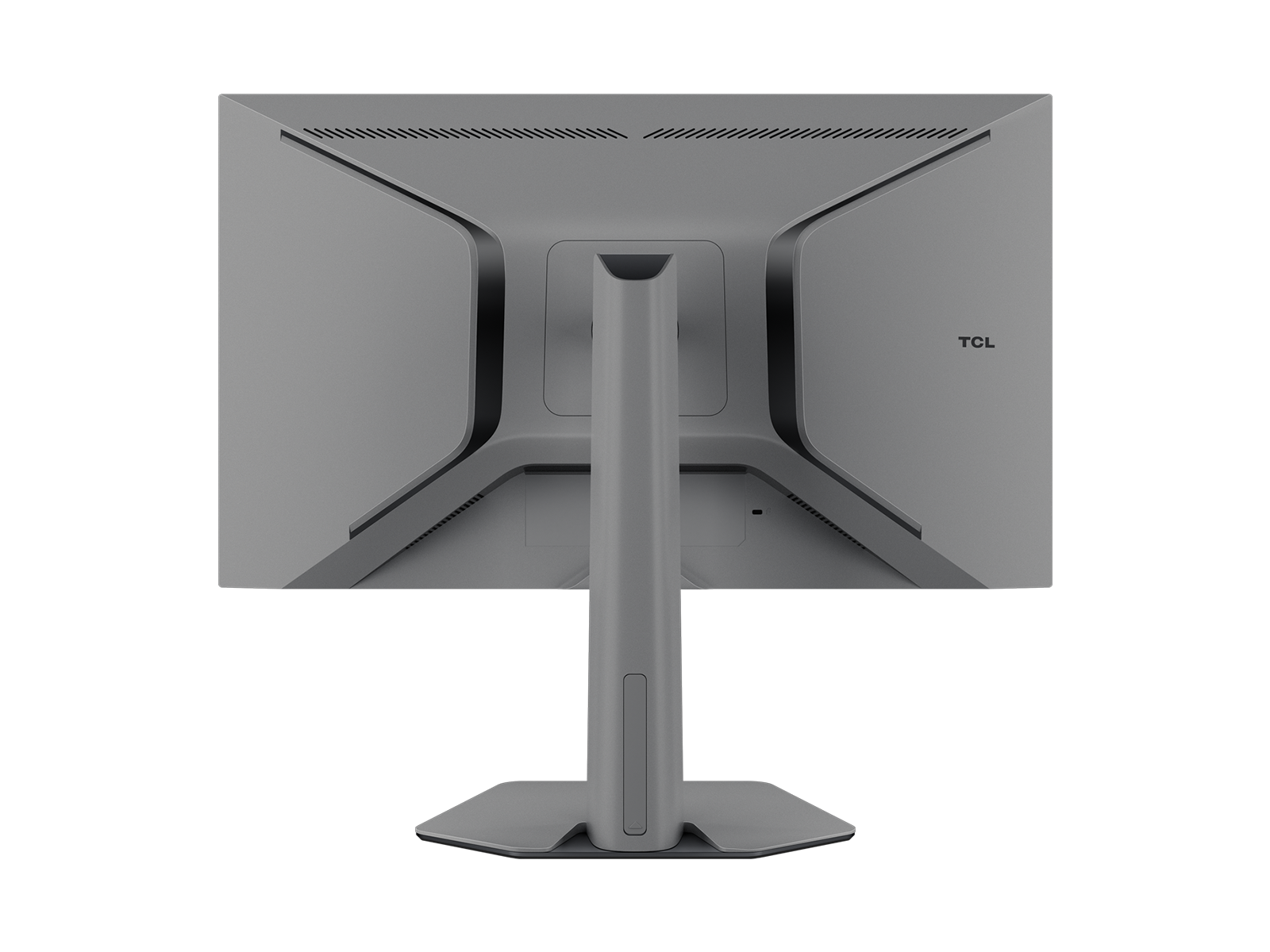 Rückseite eines grauen TCL-Monitors mit Ständer und Lüftungsschlitzen.