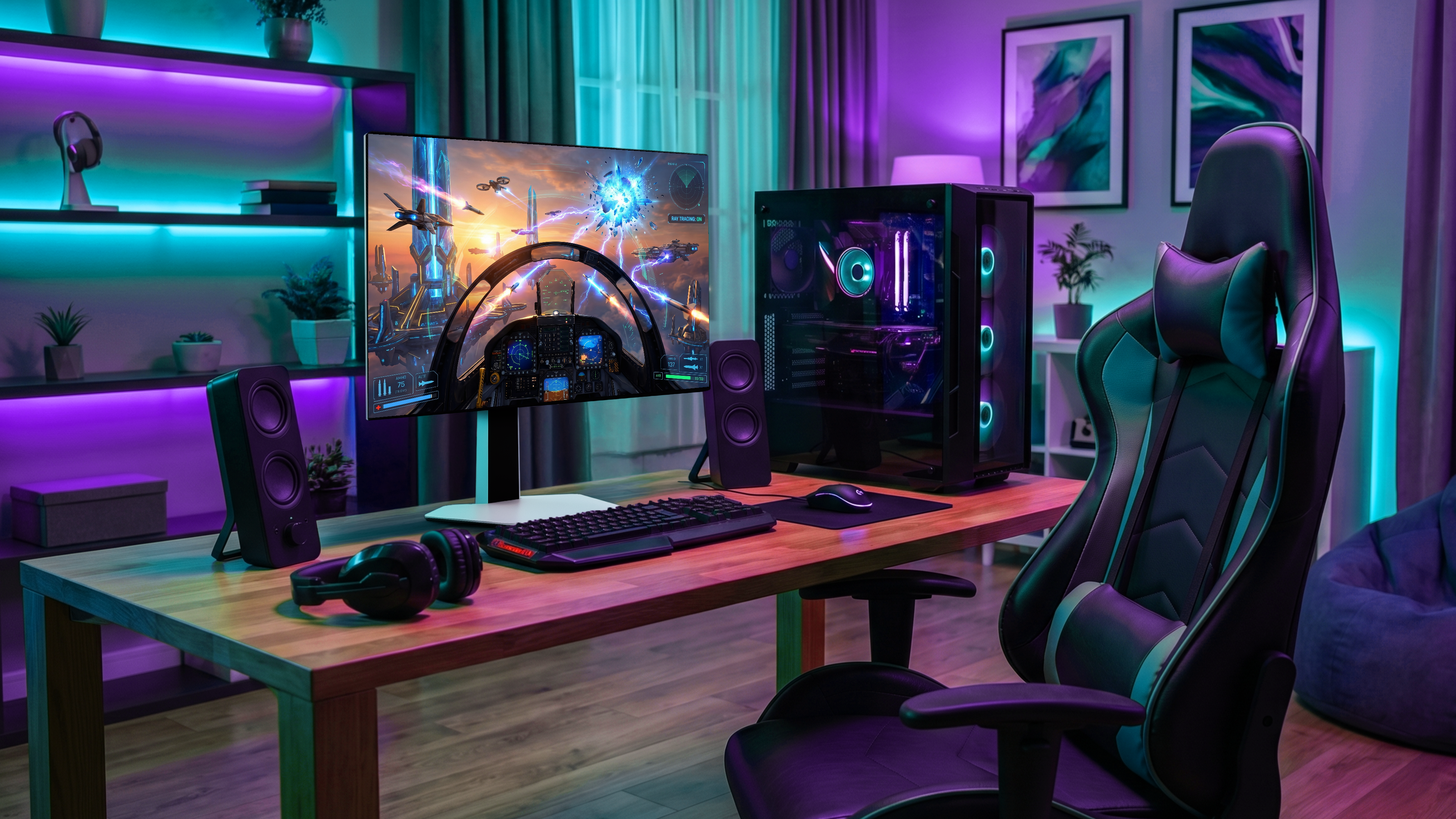 Ein beleuchteter Gaming-Schreibtisch mit PC, Monitor, Tastatur, Maus, Kopfhörern und Stuhl.