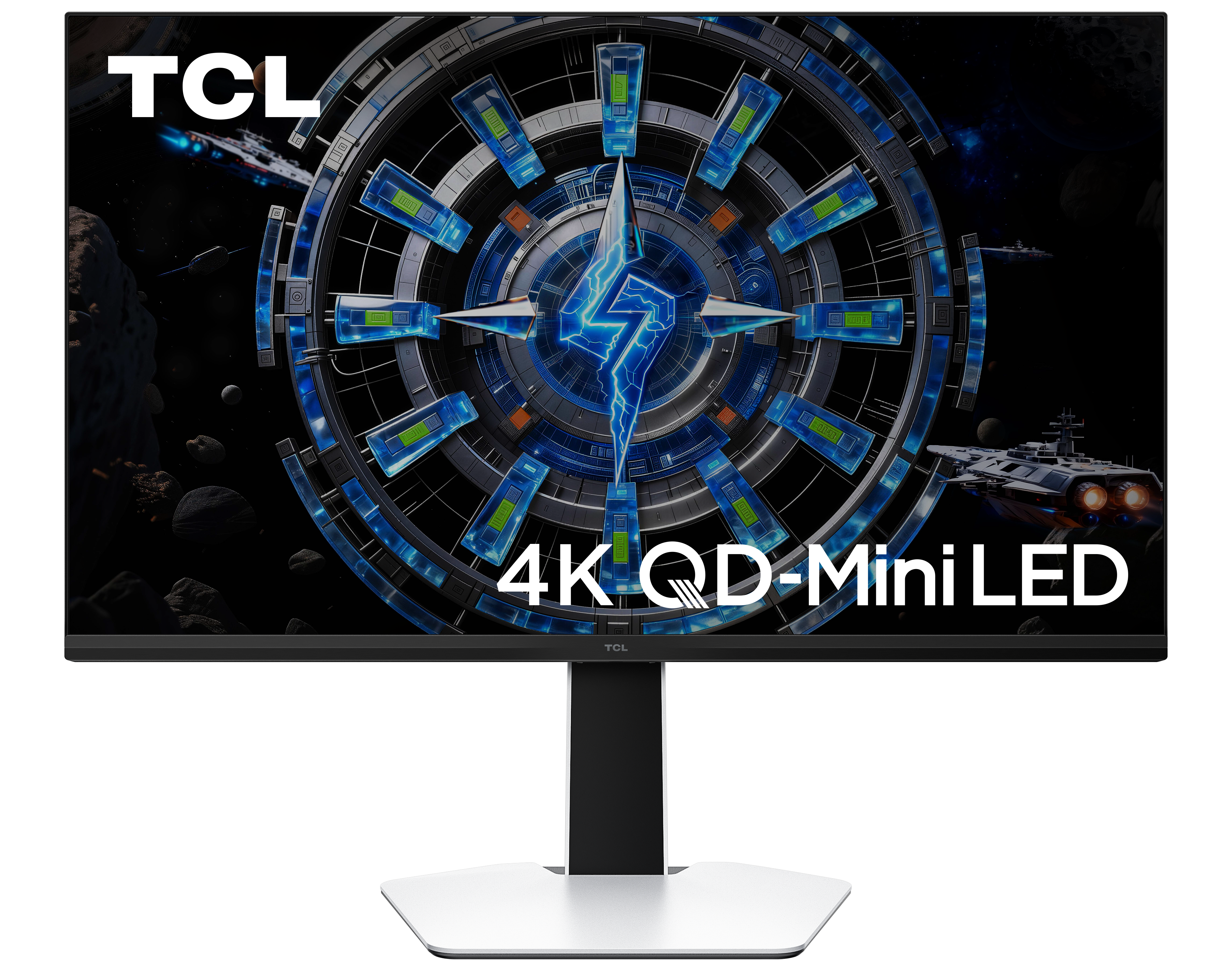 Ein TCL 4K QD-Mini LED Monitor zeigt eine futuristische Weltraumszene.