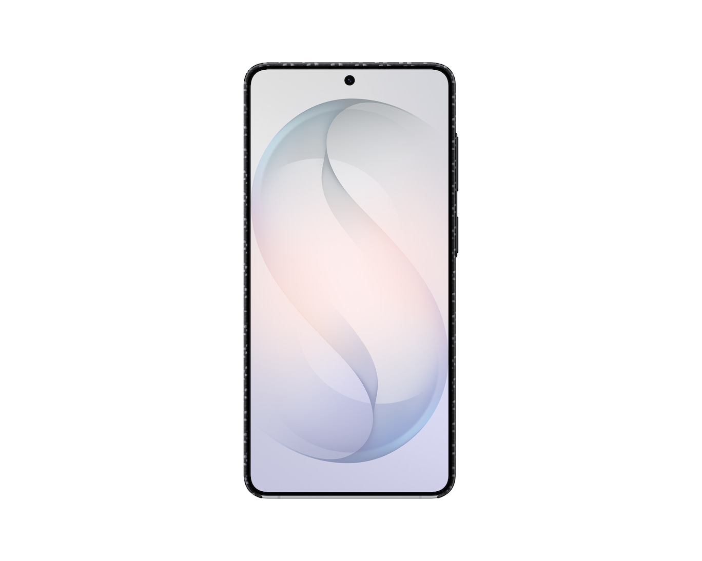 Czarny smartfon z abstrakcyjną, kremową tapetą na ekranie.