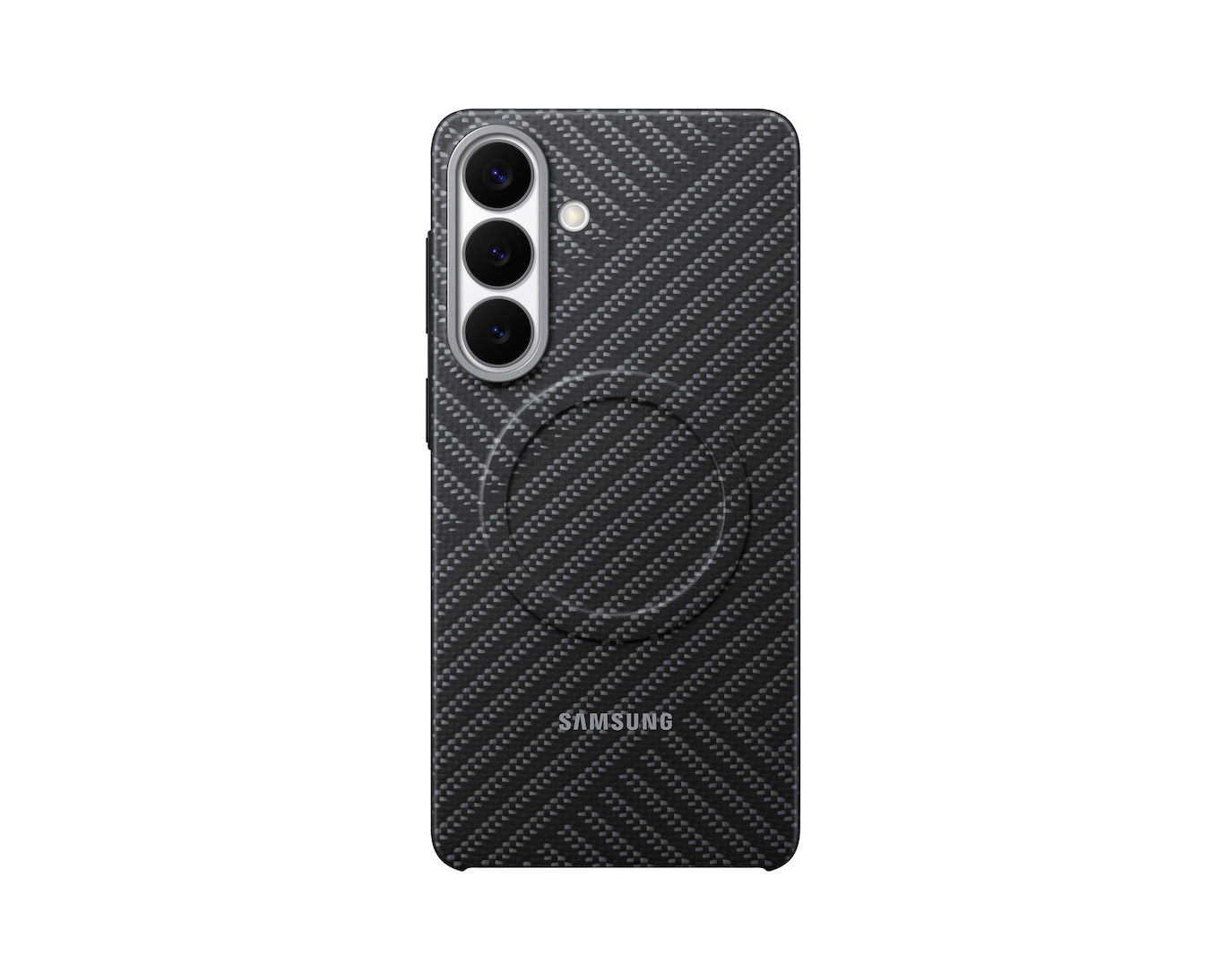 Czarna obudowa na telefon z wzorem węglowym, trzema aparatami i logo Samsung.