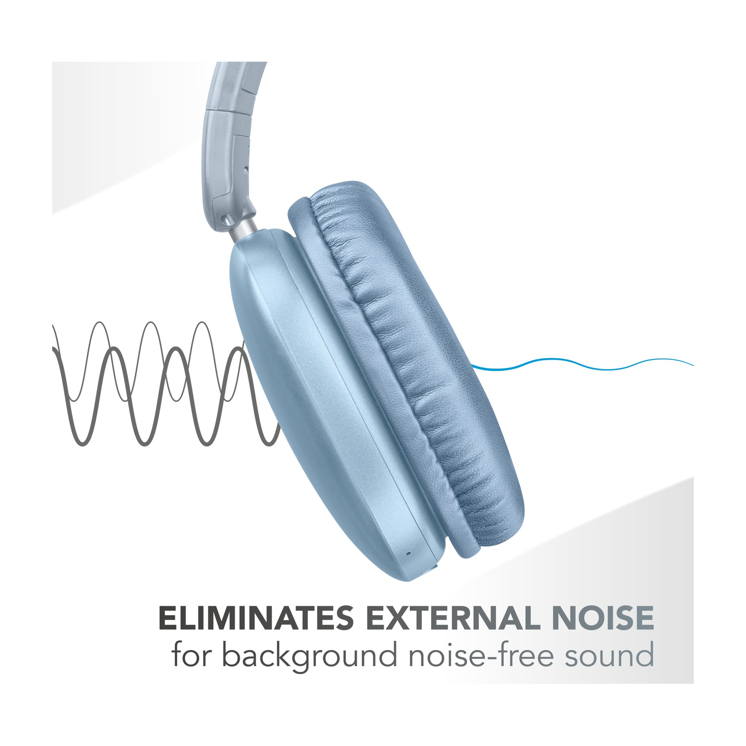 Cuffie blu con onde sonore che indicano l'eliminazione del rumore.