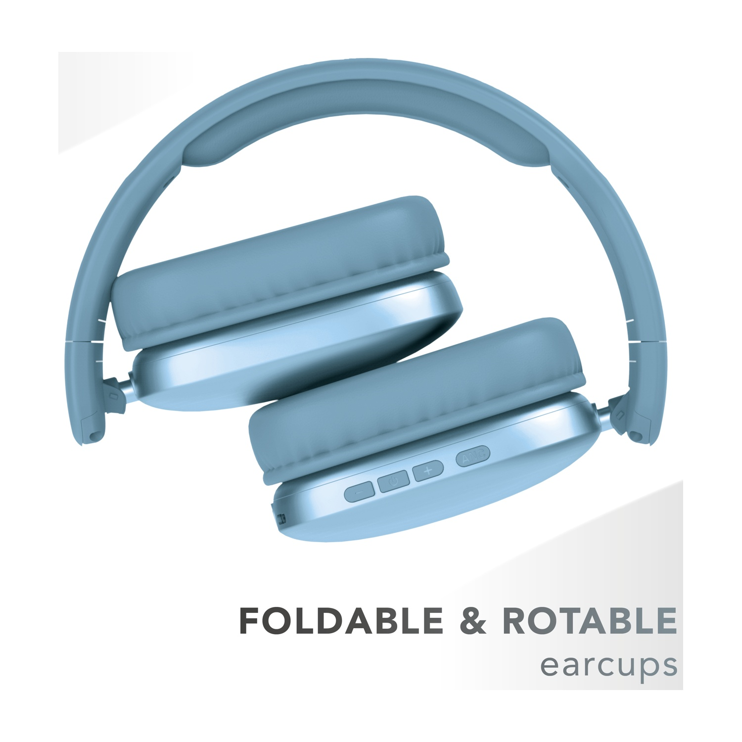 Cuffie pieghevoli blu con padiglioni rotanti su sfondo bianco.