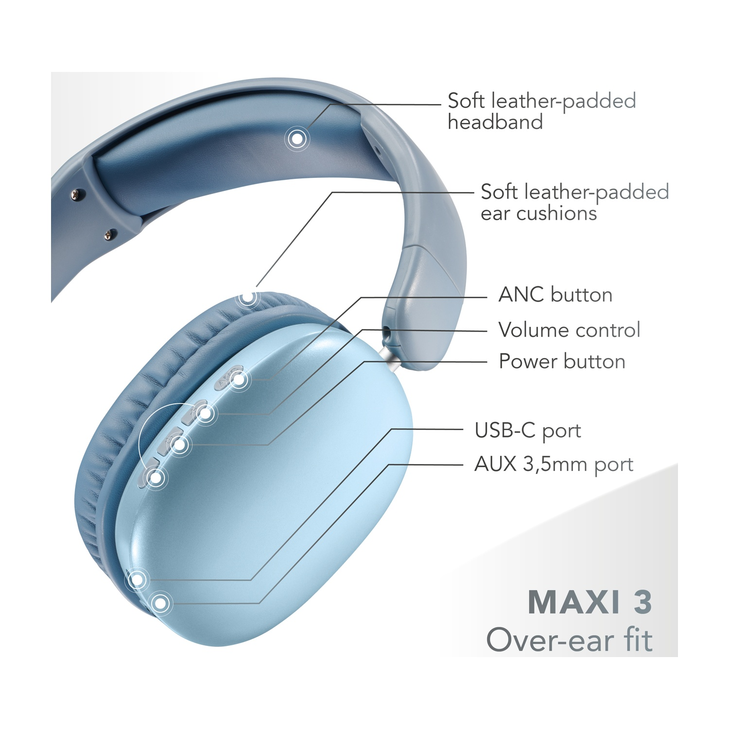 Cuffie over-ear blu con archetto e cuscinetti imbottiti.