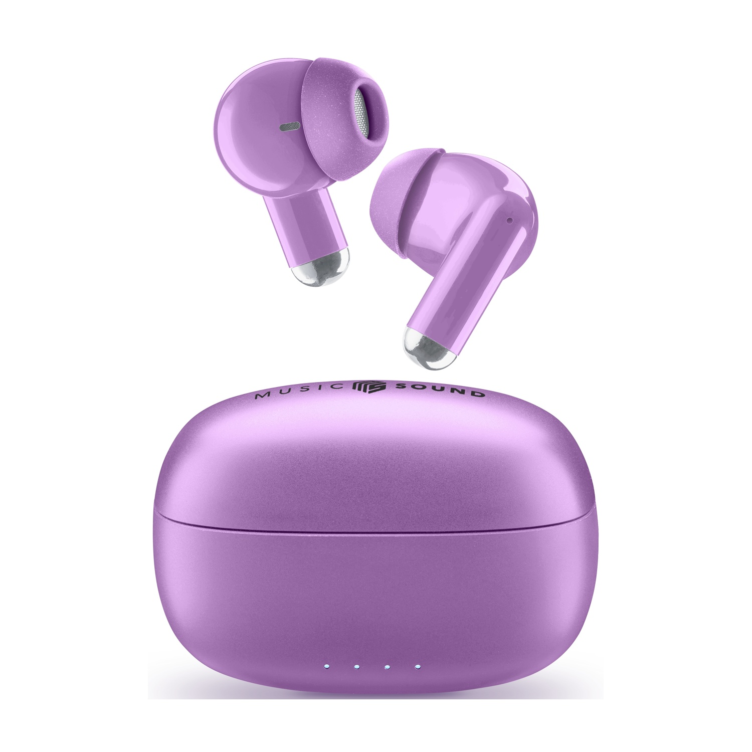 Auricolari wireless viola e la loro custodia di ricarica con testo "MUSIC SOUND".