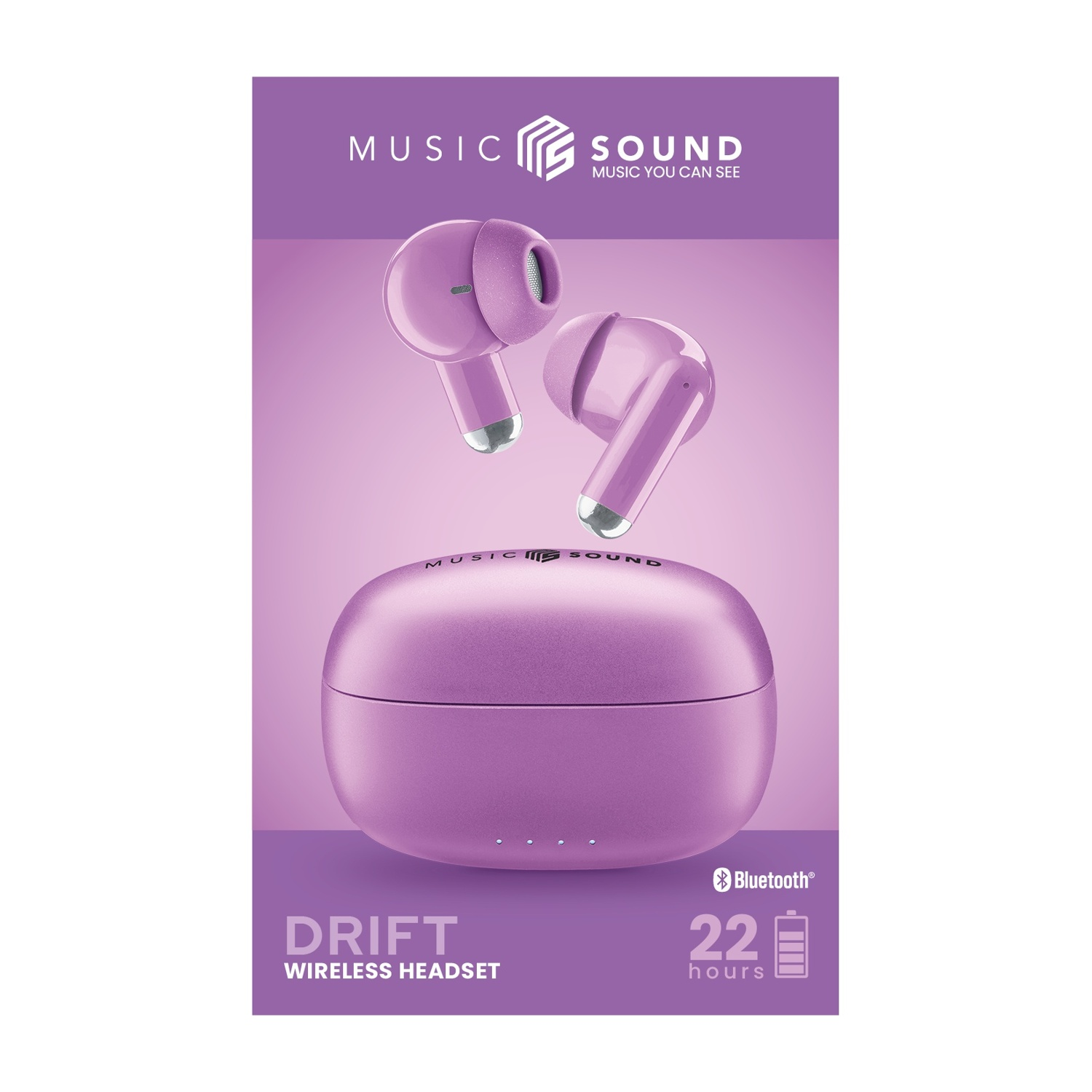 Auricolari wireless viola e custodia di ricarica con simbolo Bluetooth e 22 ore di batteria.