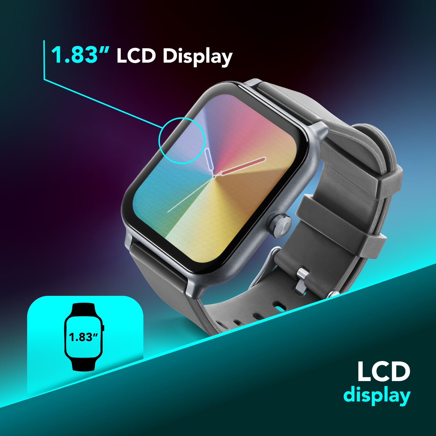 Smartwatch grigio con display LCD da 1,83 pollici su sfondo scuro.