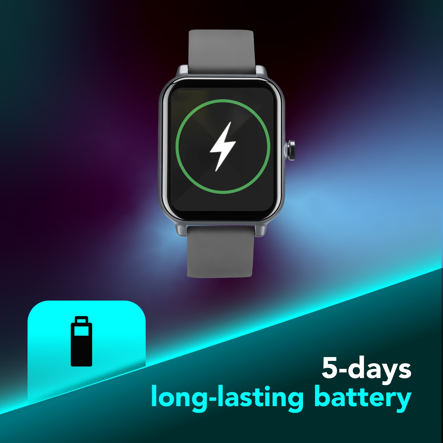 Smartwatch grigio con icona di ricarica e testo 'Batteria 5 giorni'.