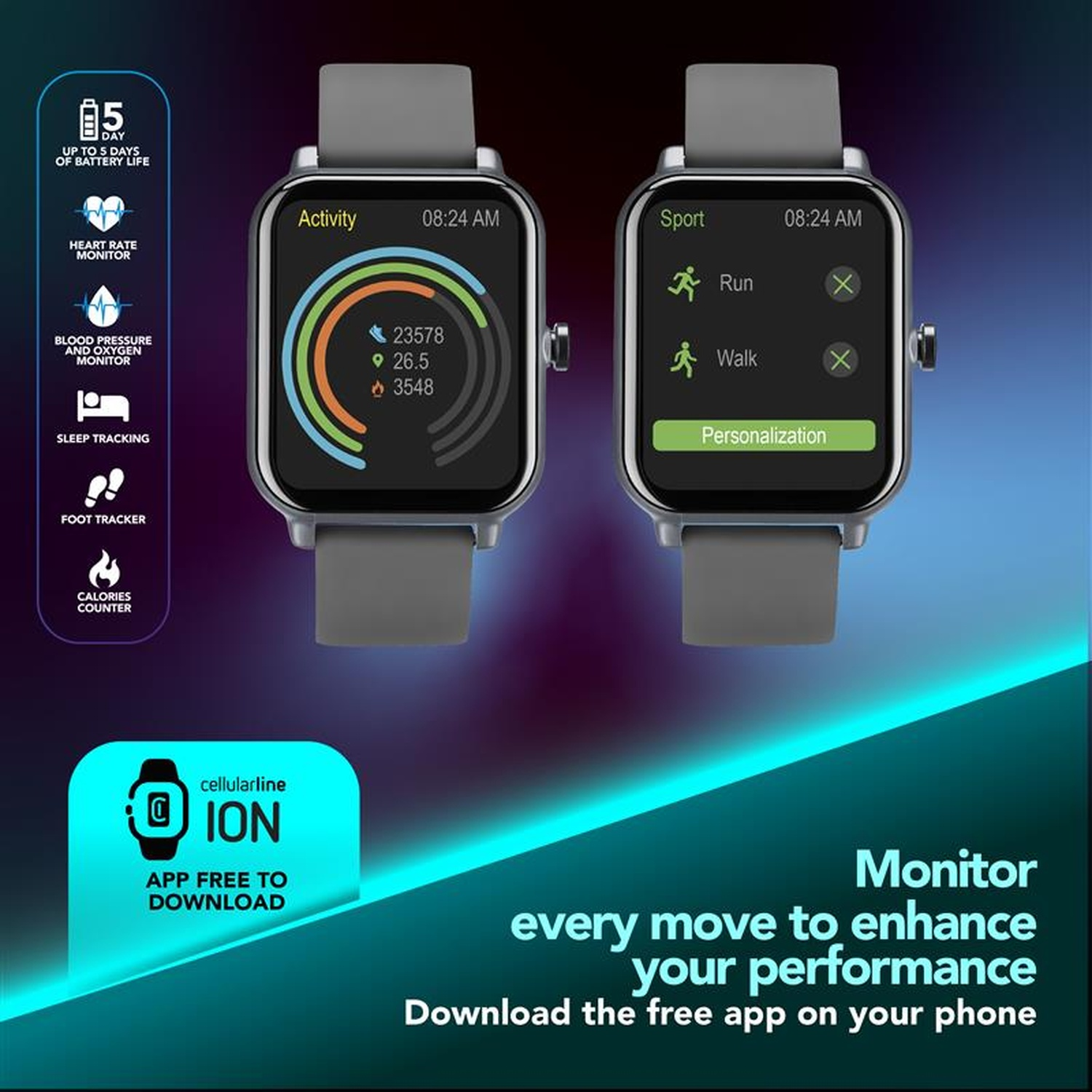 Due smartwatch mostrano le modalità attività e sport. Sinistra attività con 23578 passi. Destra sport con corsa/camminata.