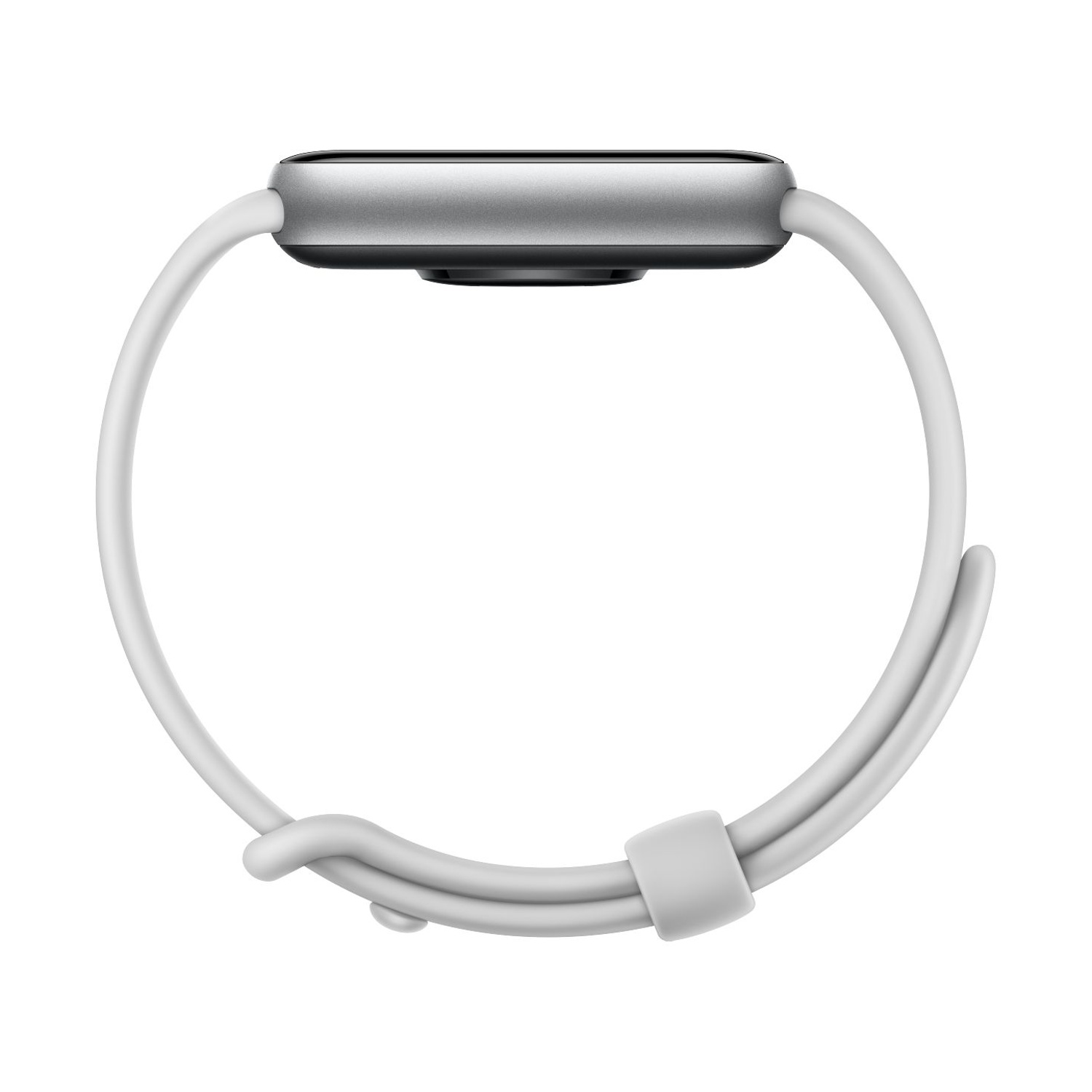 Cassa di smartwatch argentata con cinturino bianco, su sfondo bianco.
