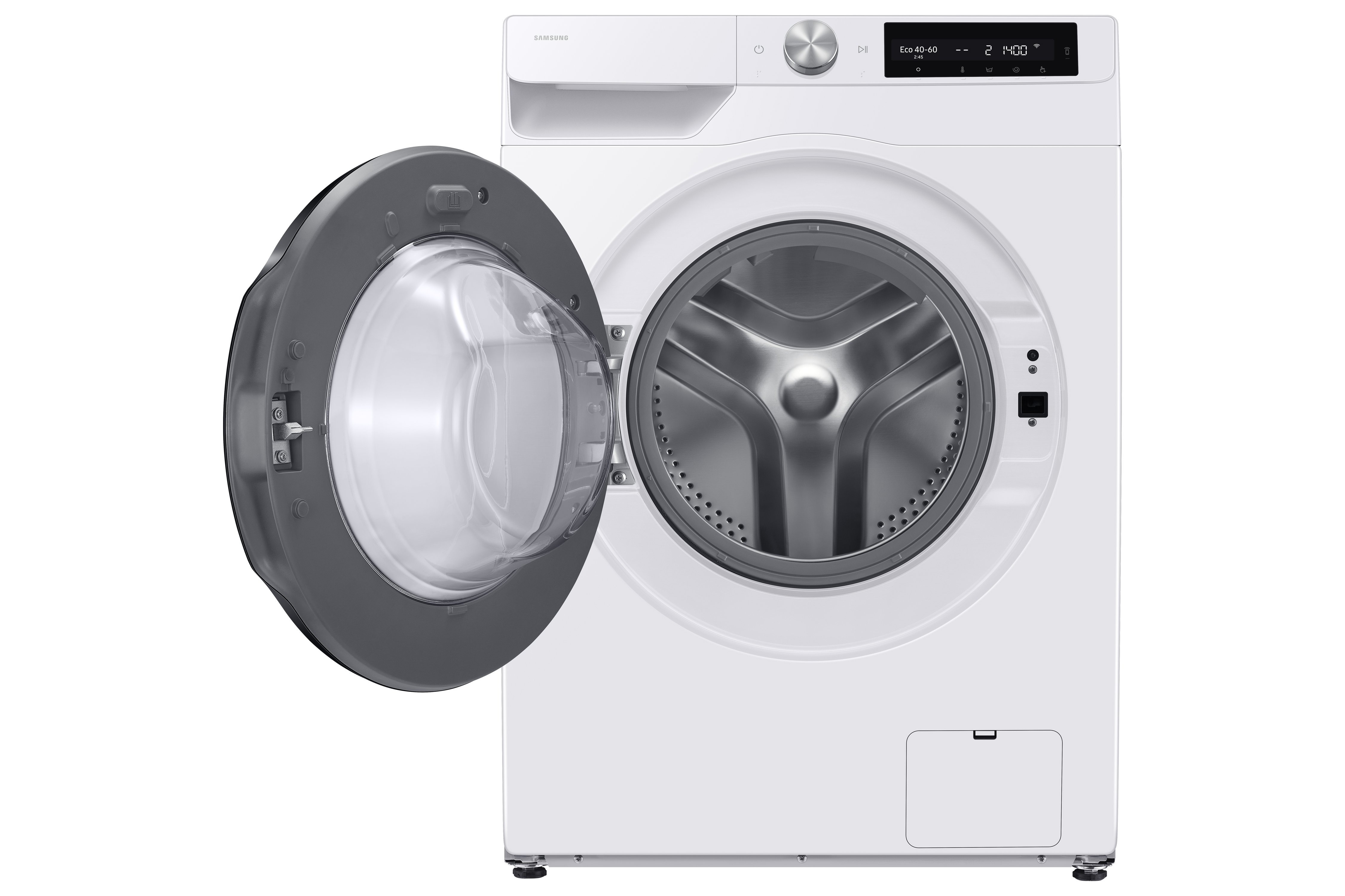 Weiße Samsung Waschmaschine mit offener Tür und Trommel.