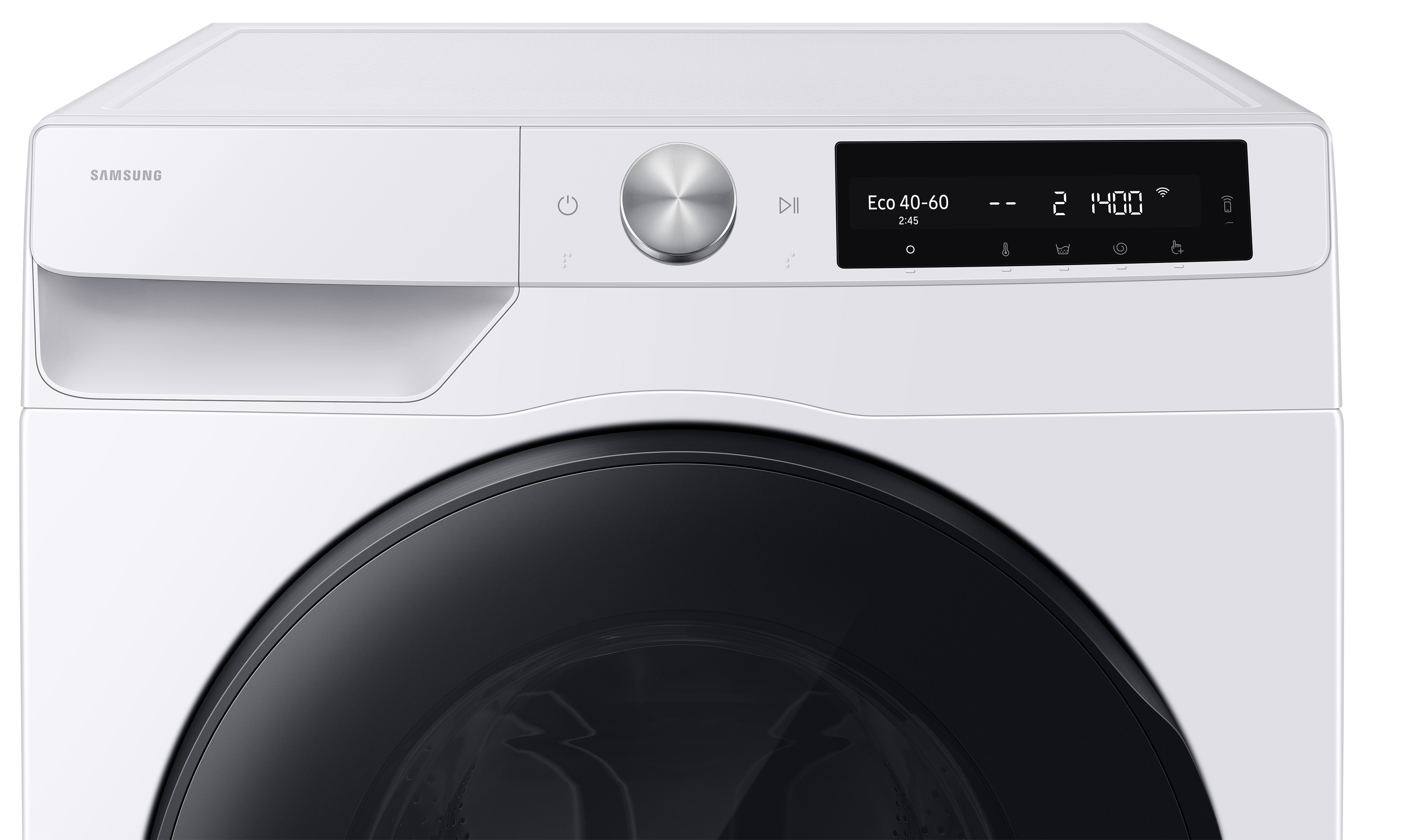 Weiße Samsung Waschmaschine mit digitalem Display, Drehknopf und schwarzer Tür.