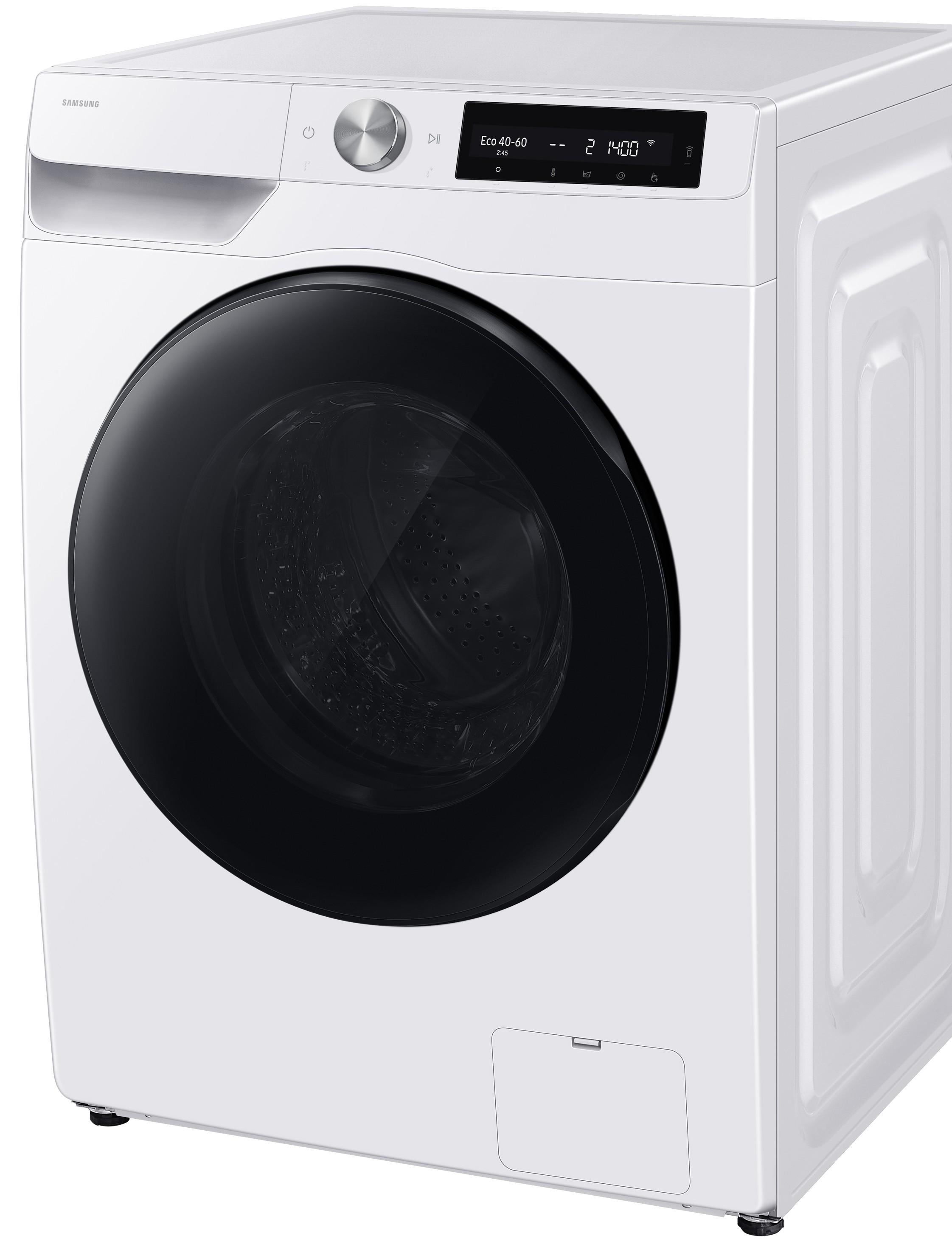 Eine weiße Samsung Waschmaschine mit schwarzer Tür und digitalem Display.