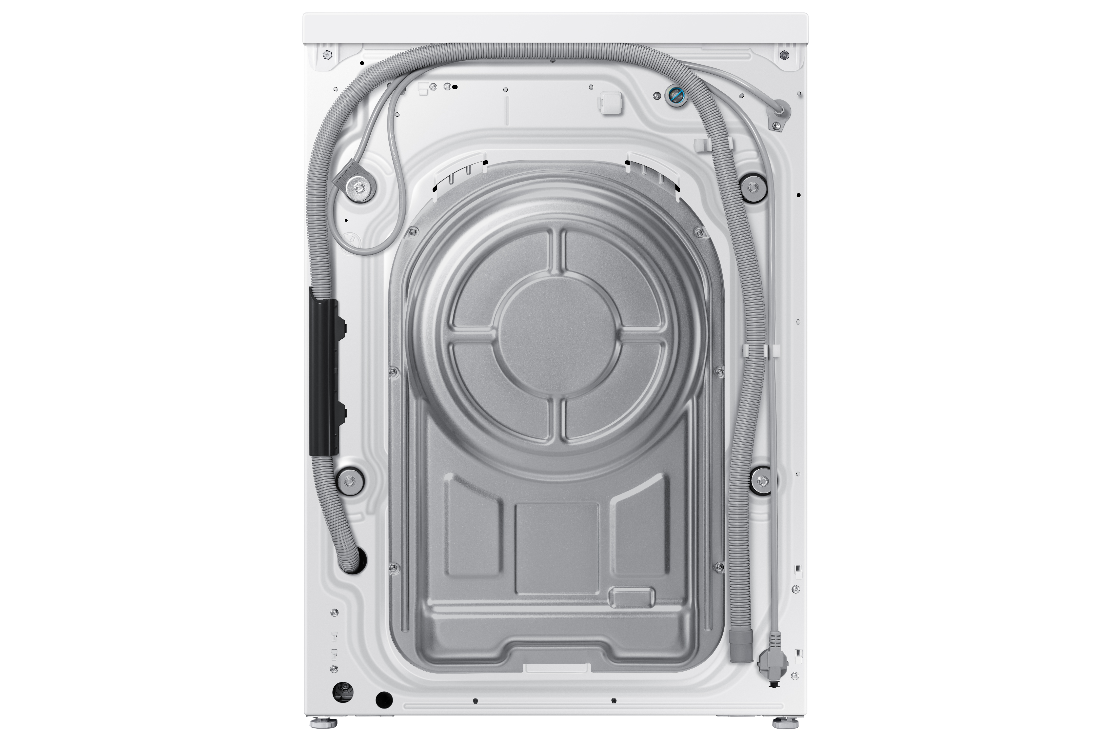 Rückseite einer weißen Waschmaschine mit Schläuchen und Metallabdeckung.