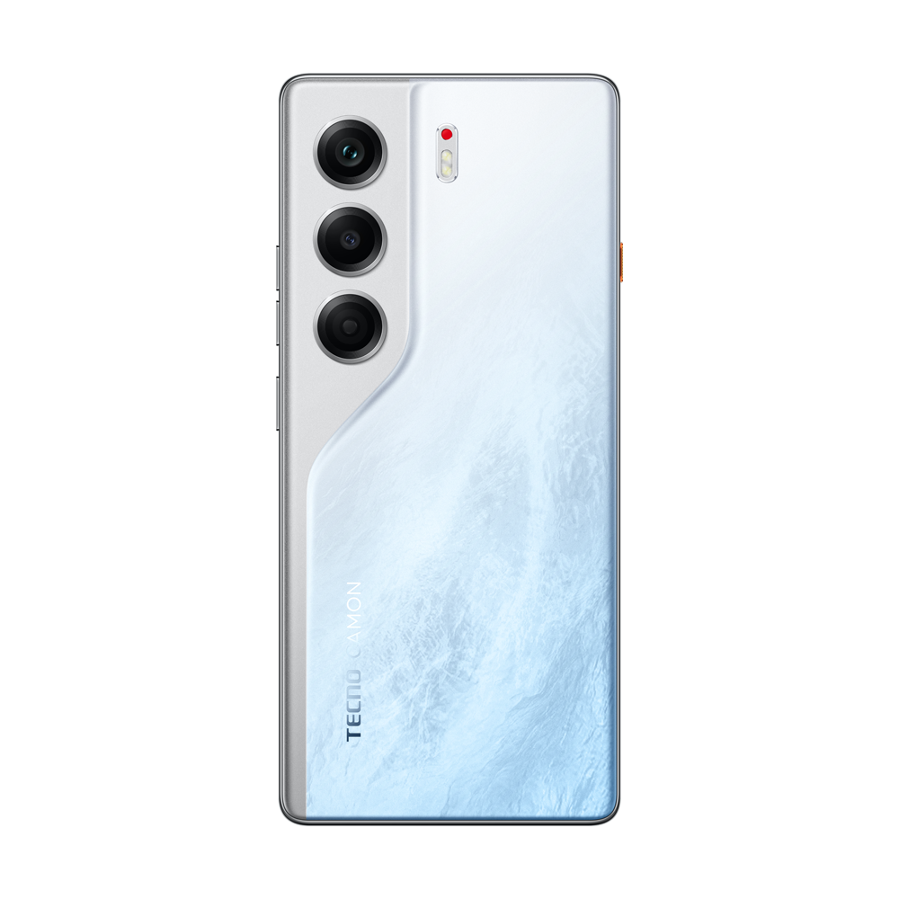 Üç kameralı beyaz akıllı telefonun arkası, mavi dokulu desenli.