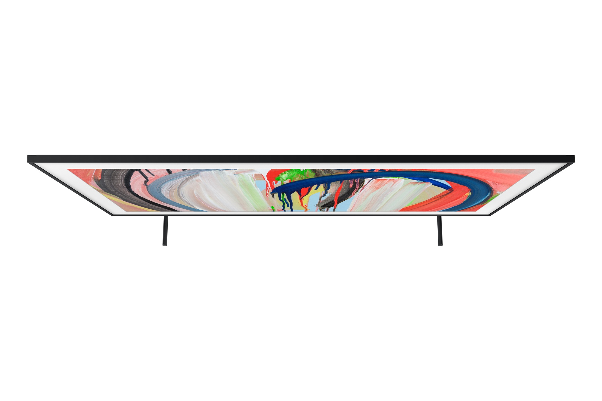 Un televisor negro con arte abstracto en la pantalla y dos soportes delgados.