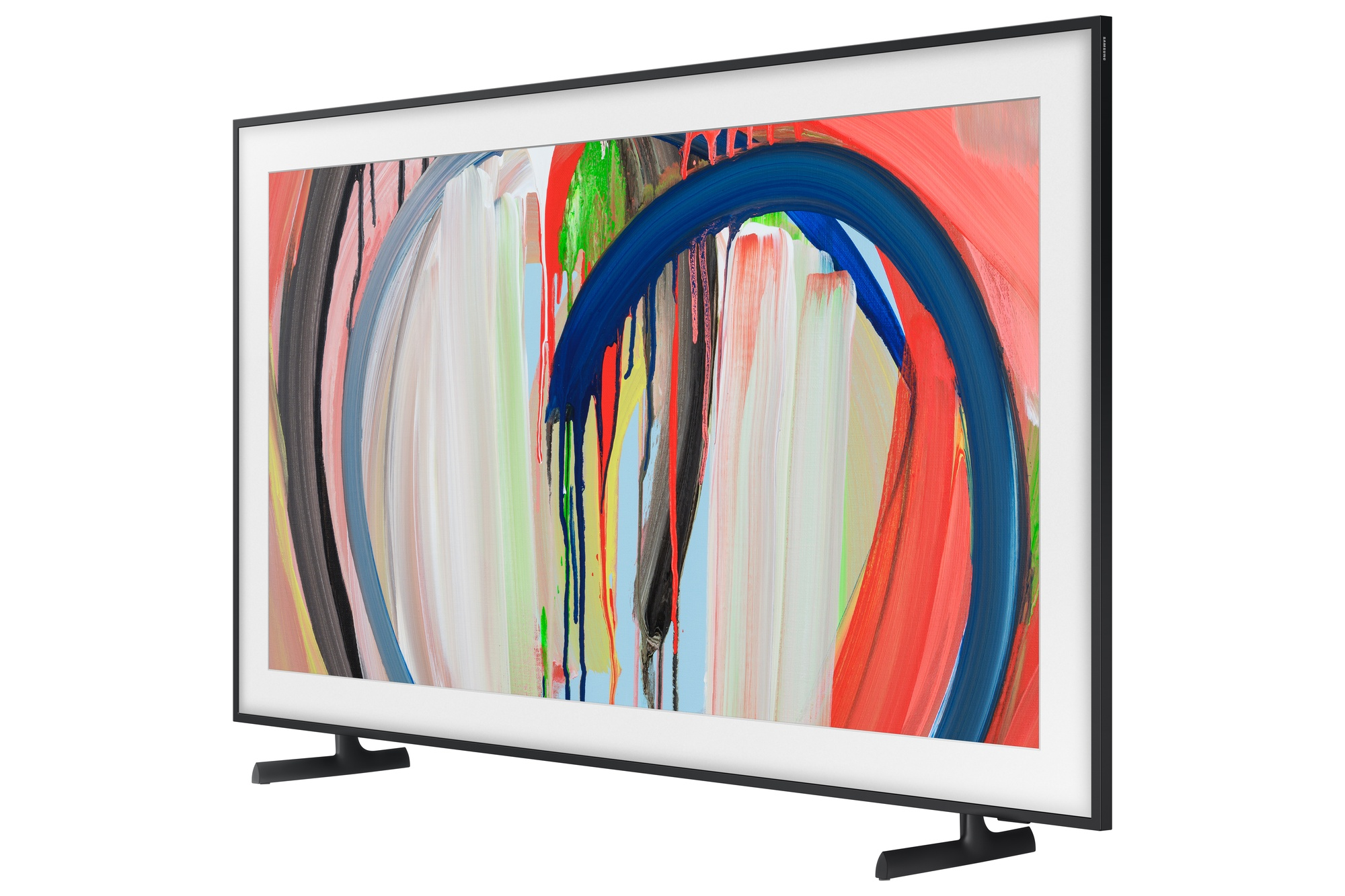 Un televisor moderno con una pintura abstracta de pinceladas y gotas coloridas.