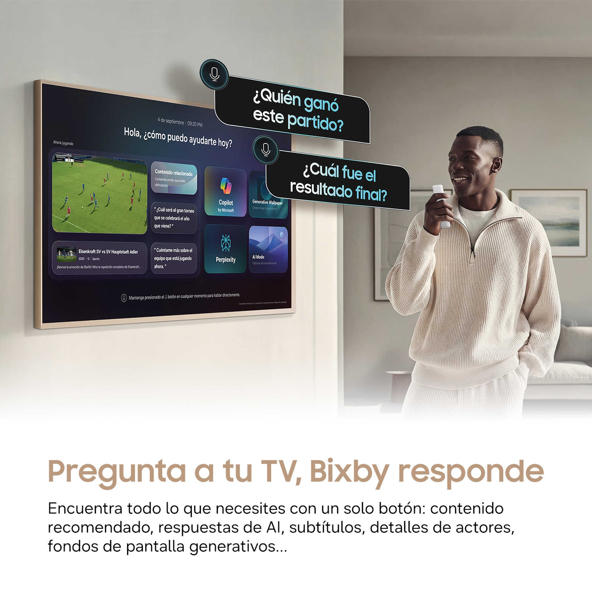 Pregunta a tu TV, Bixby responde Encuentra todo lo que necesitas con un solo botón: contenido recomendado, respuestas de IA, subtítulos, detalles de actores, fondos de pantalla generativos...