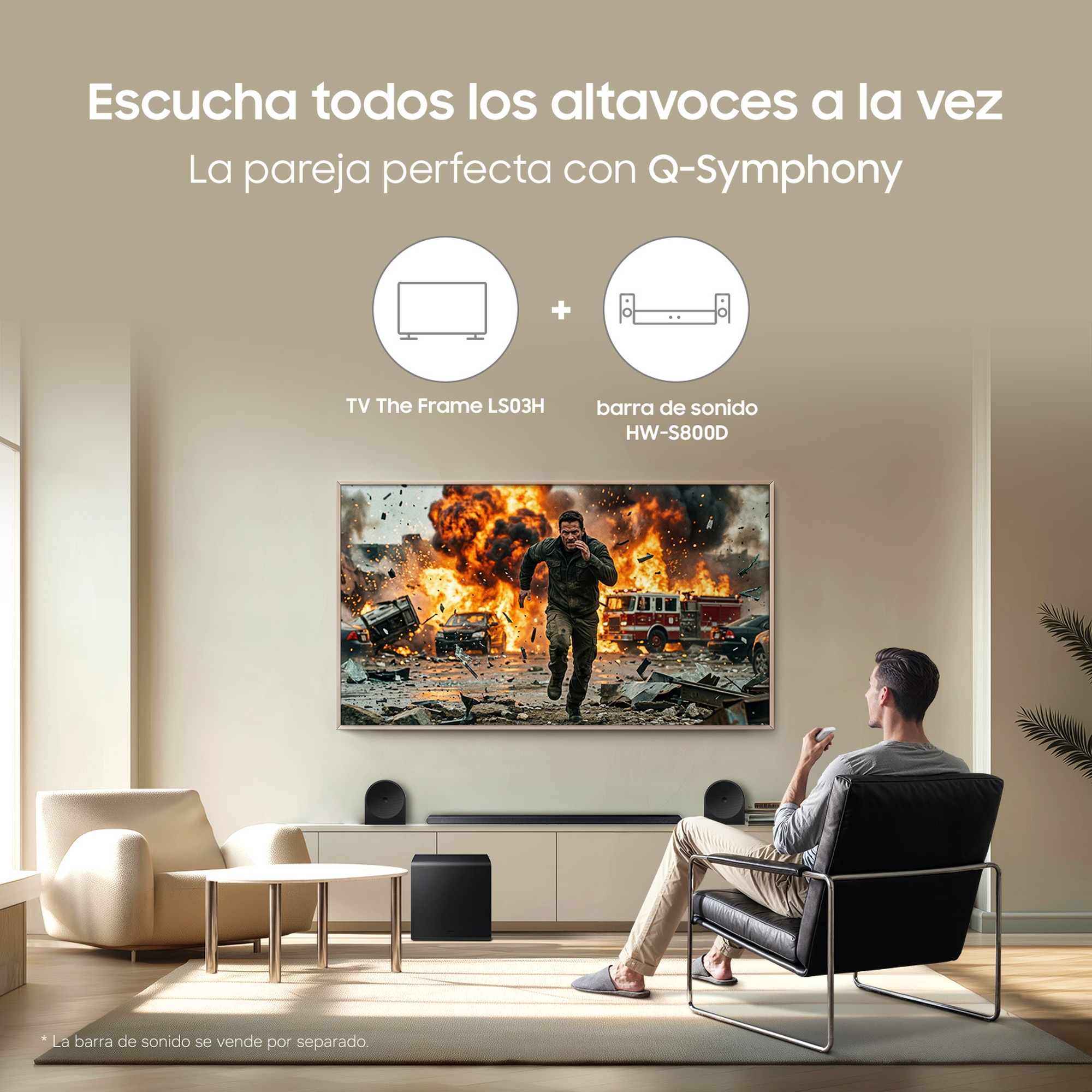 Escucha todos los altavoces a la vez La pareja perfecta con Q-Symphony TV The Frame LS03H + barra de sonido HW-S800D *La barra de sonido se vende por separado.