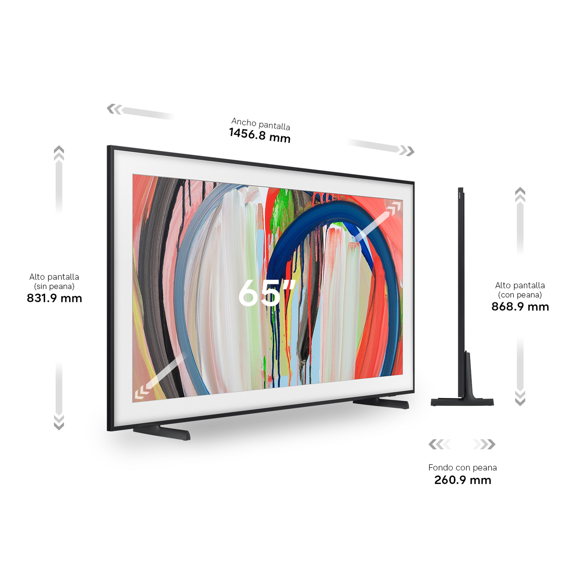 Ancho pantalla 1456.8 mm Alto pantalla (sin peana) 831.9 mm Alto pantalla (con peana) 868.9 mm Fondo con peana 260.9 mm
