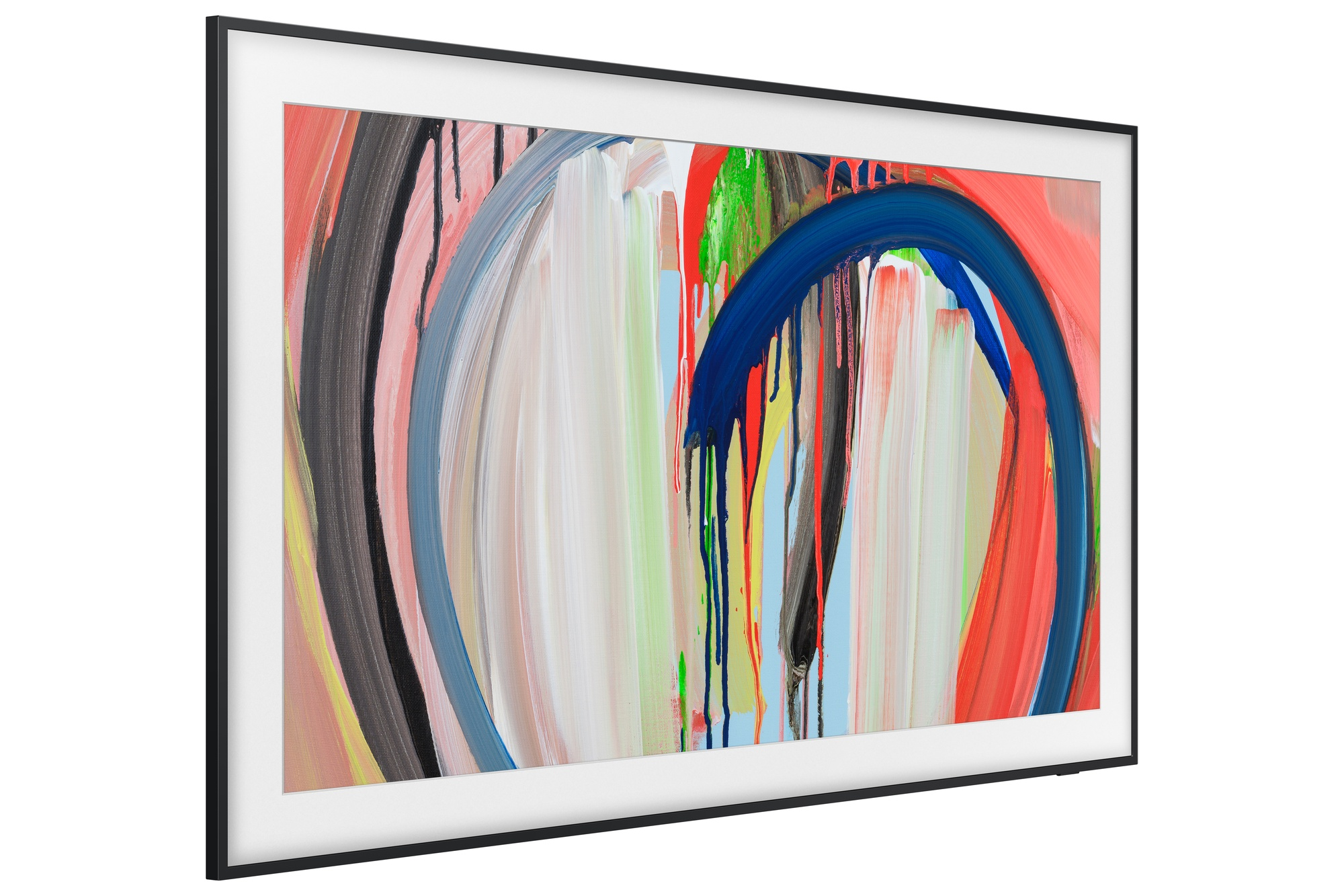 Pintura abstracta con trazos de pintura coloridos y goteantes y arcos sobre fondo blanco.