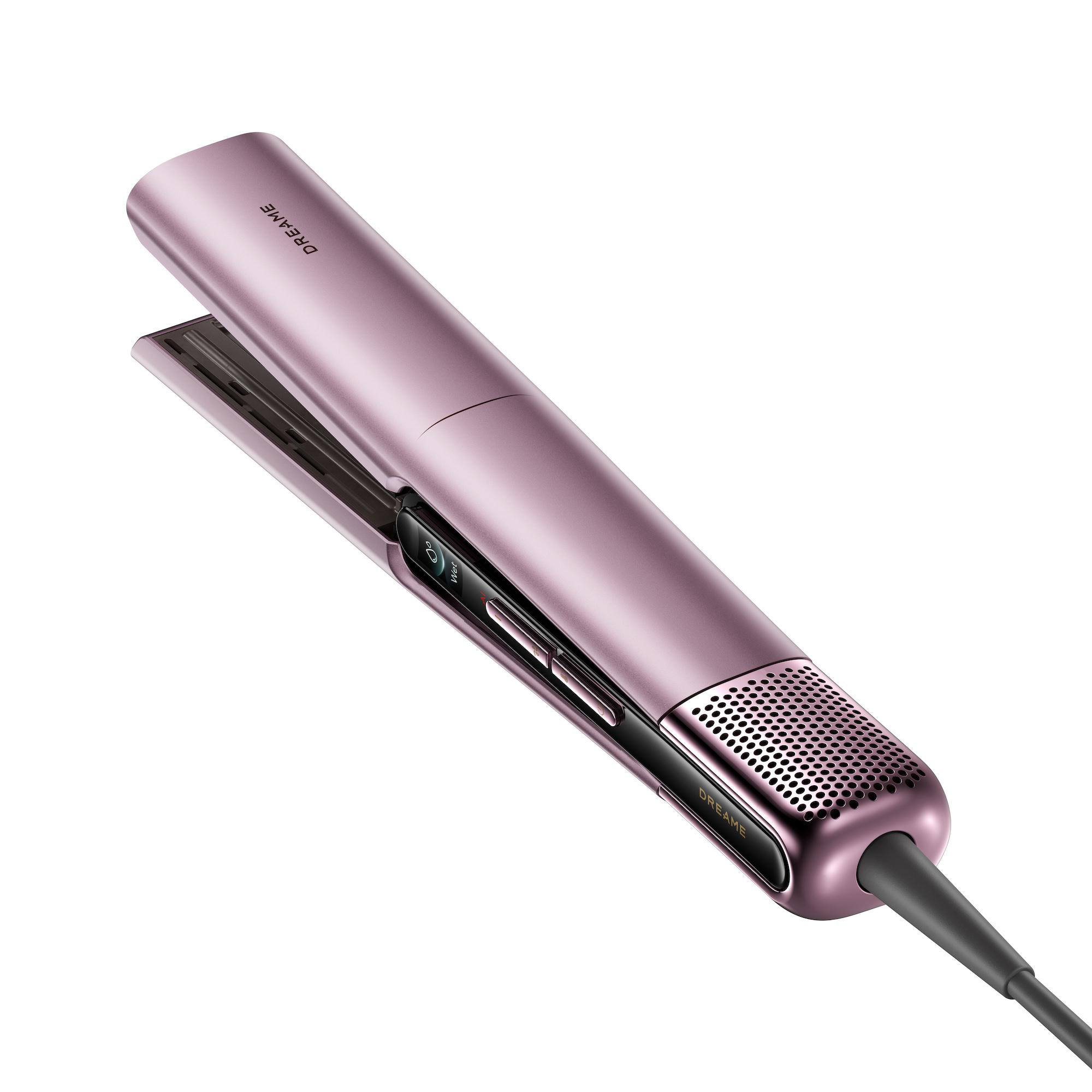 Ein roségoldener Haarglätter mit Ladeanschluss und Lüftungsschlitzen.