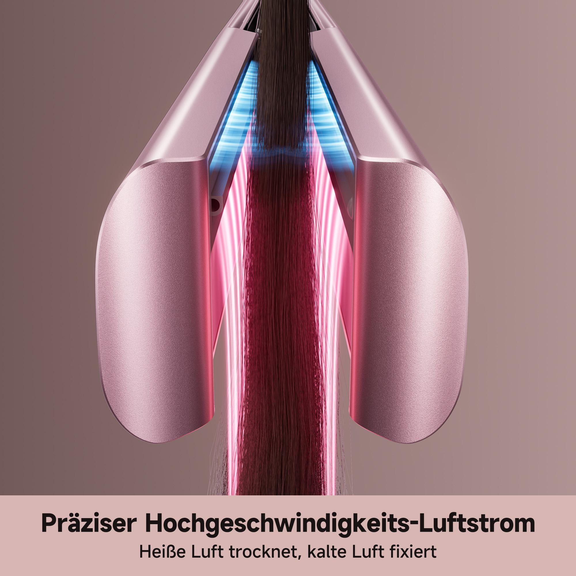Ein rosafarbenes Haartrockner-Gerät mit fokussiertem Luftstrom trocknet und fixiert dunkles Haar.