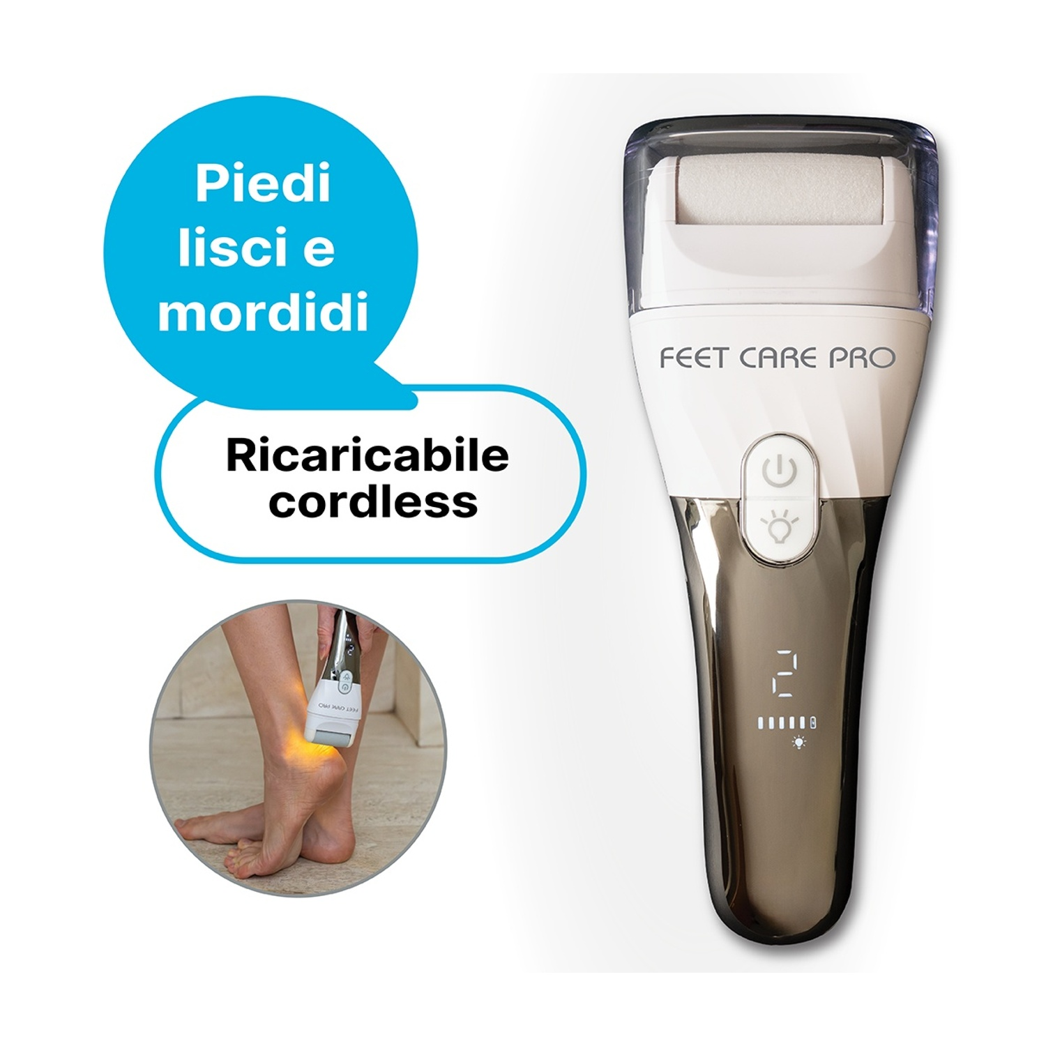Rimuovi calli elettrico Feet Care Pro, senza fili e ricaricabile, mostrato in uso.