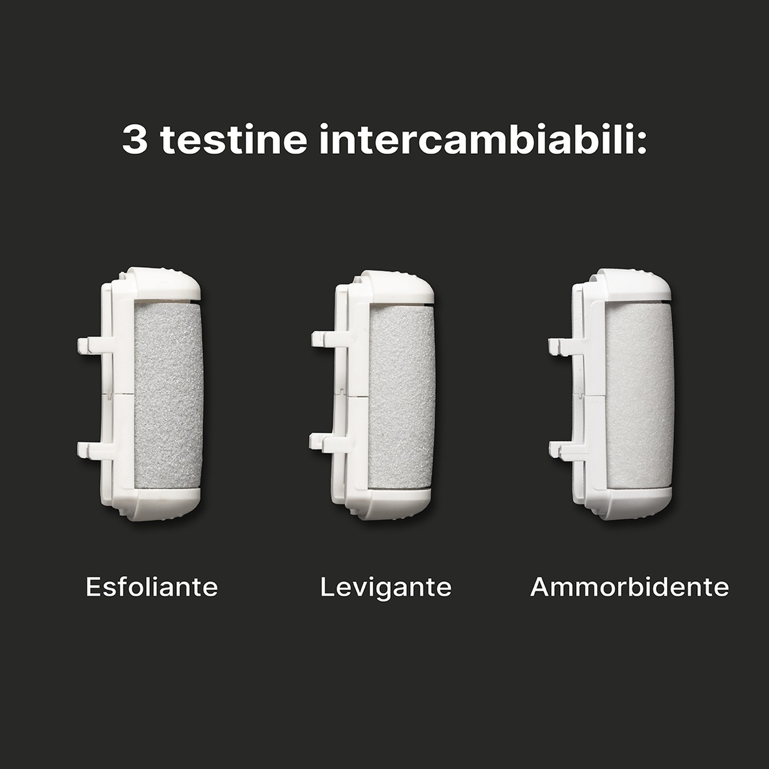 Tre testine intercambiabili bianche per dispositivo di cura del piede.