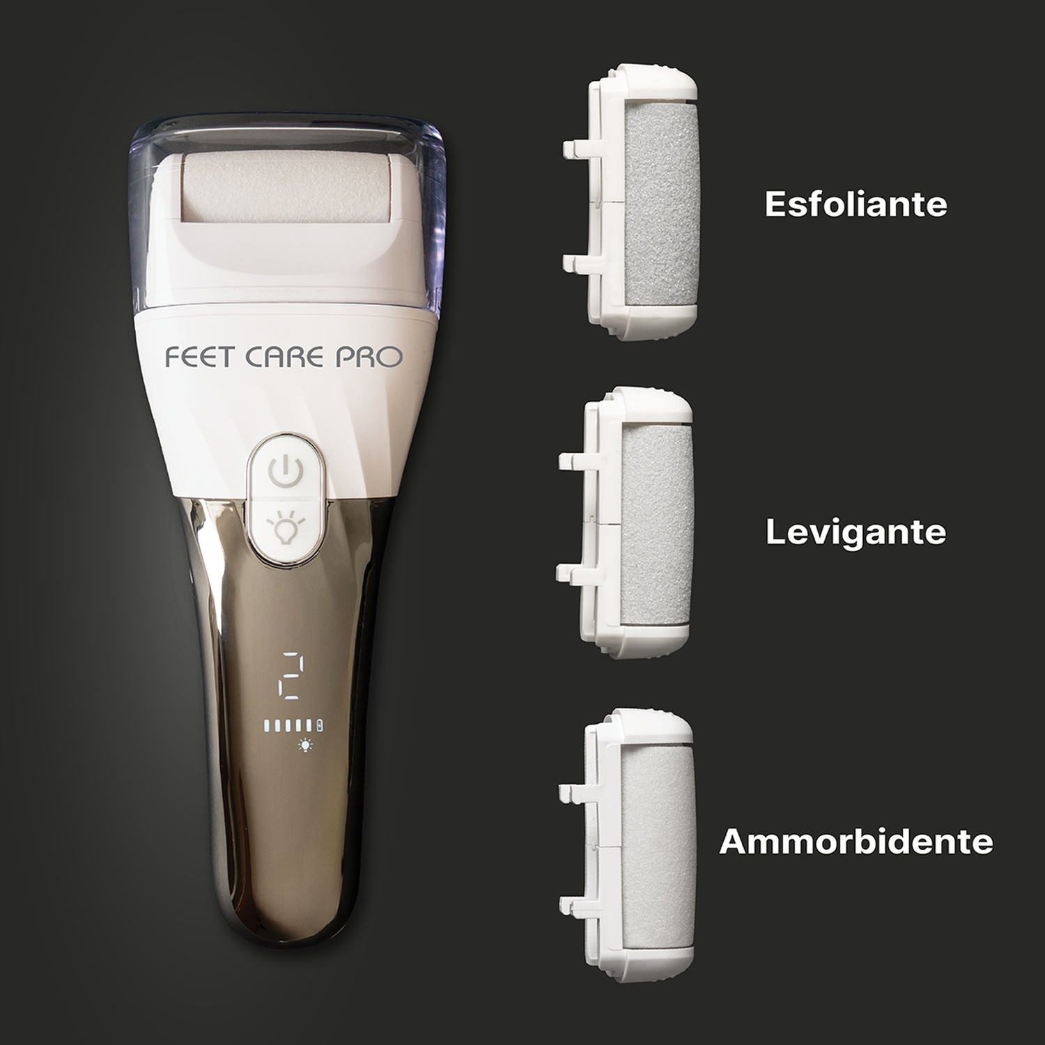 Un rullo elettrico per la cura dei piedi con tre accessori: grosso, fine e morbido.