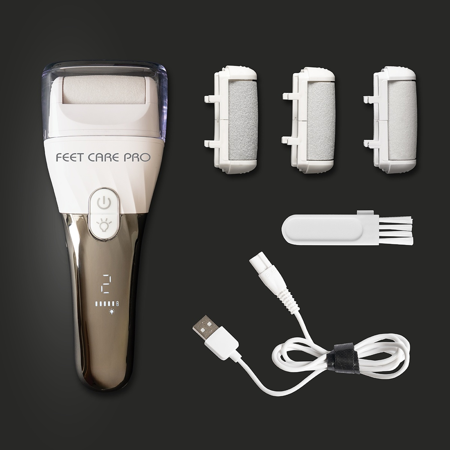 Dispositivo per la cura dei piedi con accessori: unità principale, 3 testine, spazzola e cavo USB.