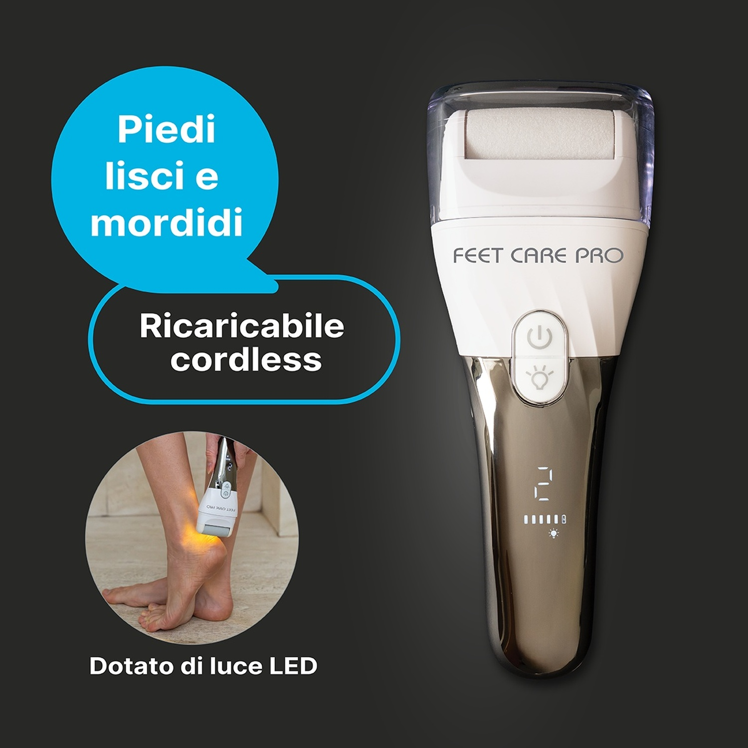 Rimuovi calli elettrico con luce LED e indicatore di carica.